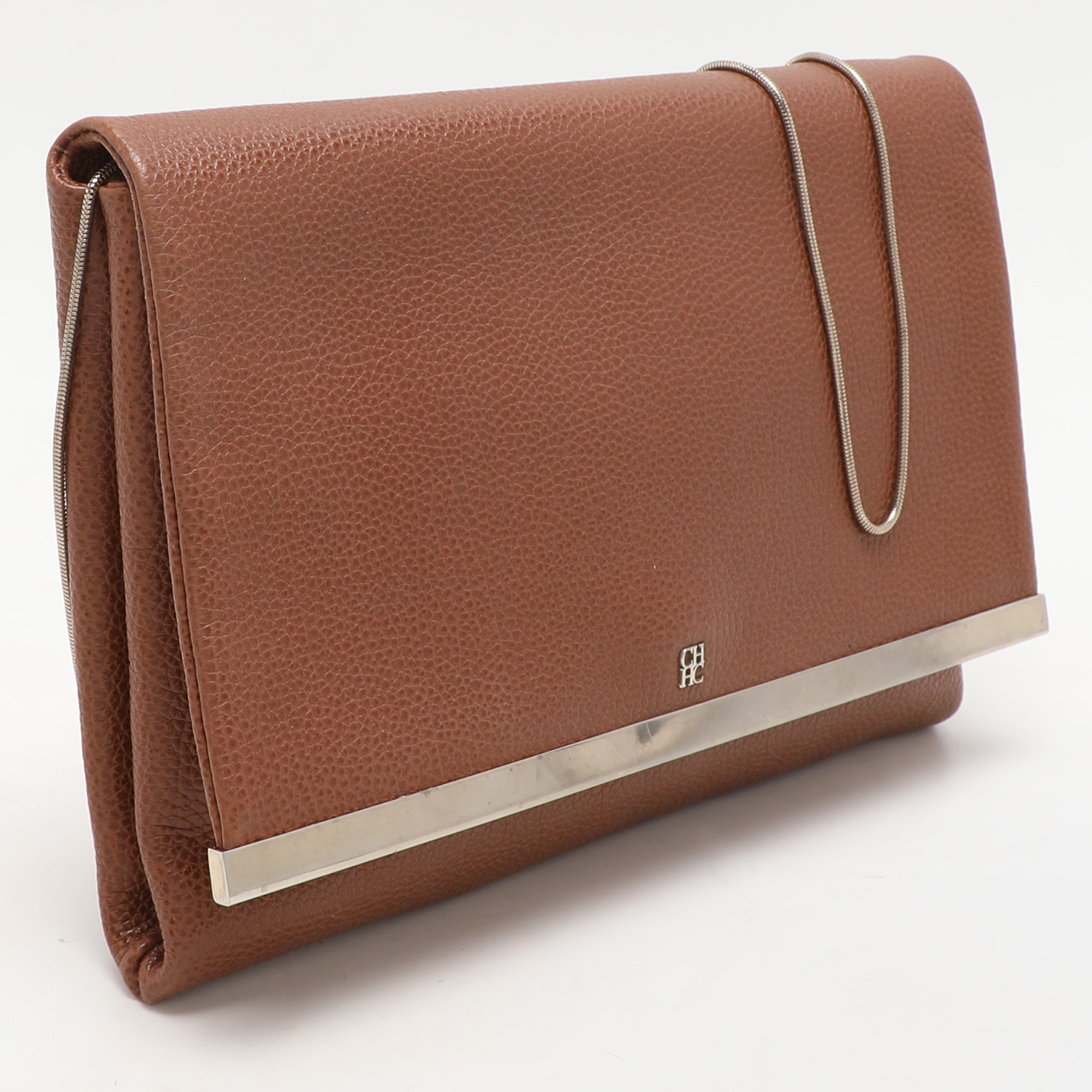 CH Carolina Herrera Brown Leather Chain Clutch 