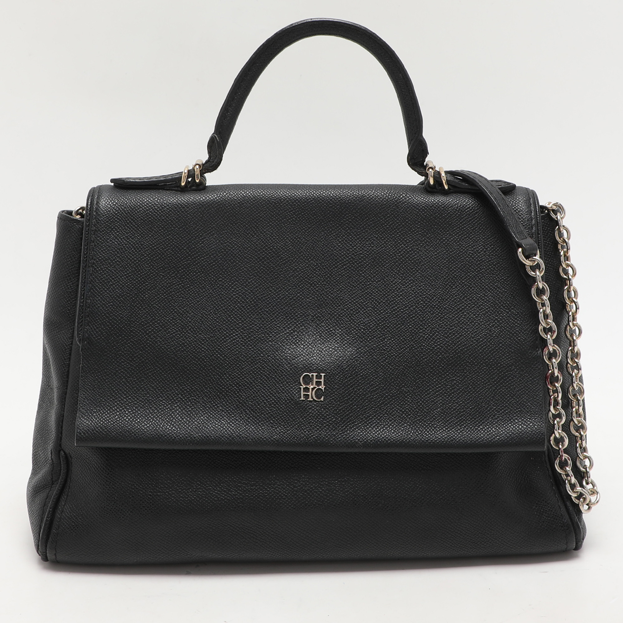 

CH Carolina Herrera Black Leather Minuetto Flap Top Handle Bag