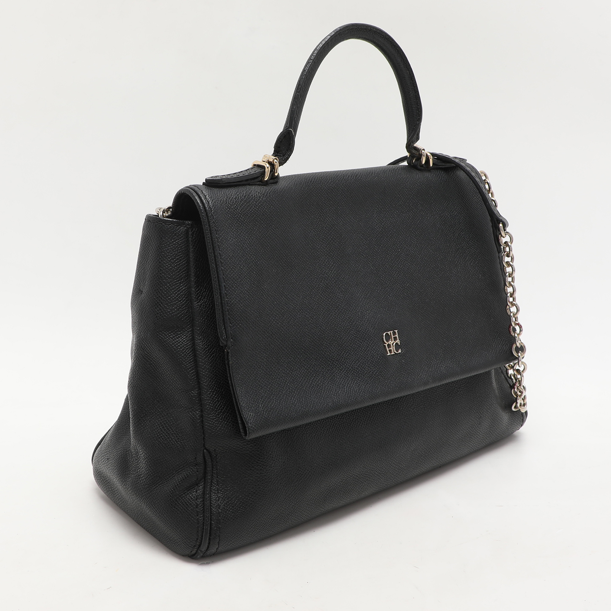 CH Carolina Herrera Black Leather Minuetto Flap Top Handle Bag 