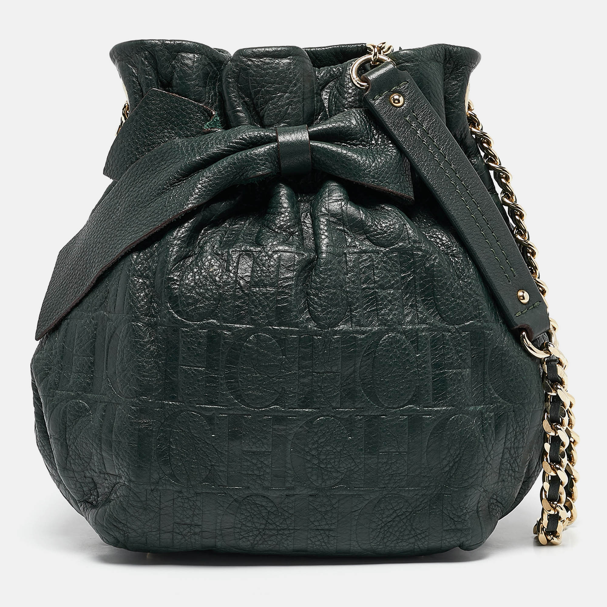 

CH Carolina Herrera Green Monogram Embossed Leather Bow Bucket Bag