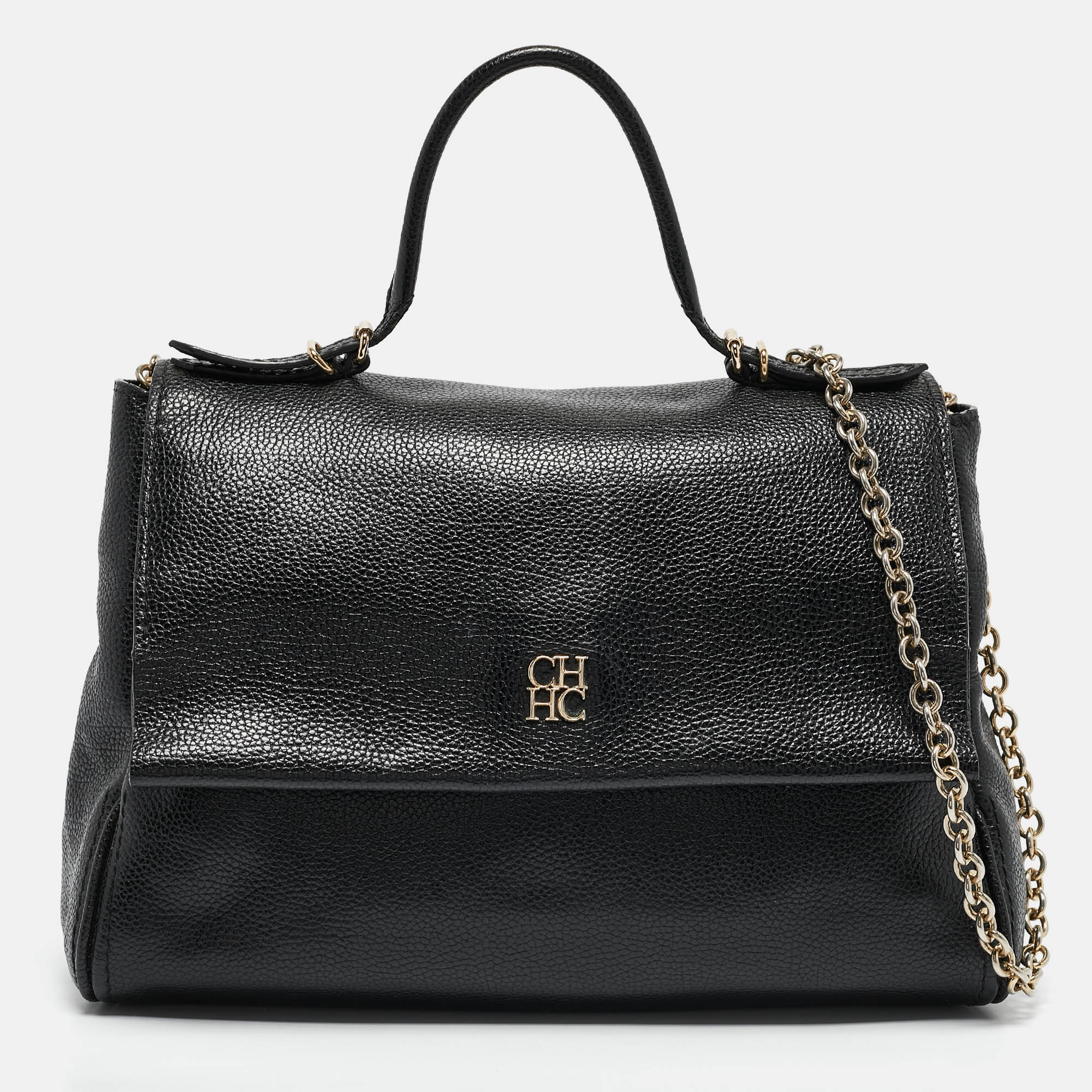 

CH Carolina Herrera Black Leather Minuetto Flap Top Handle Bag