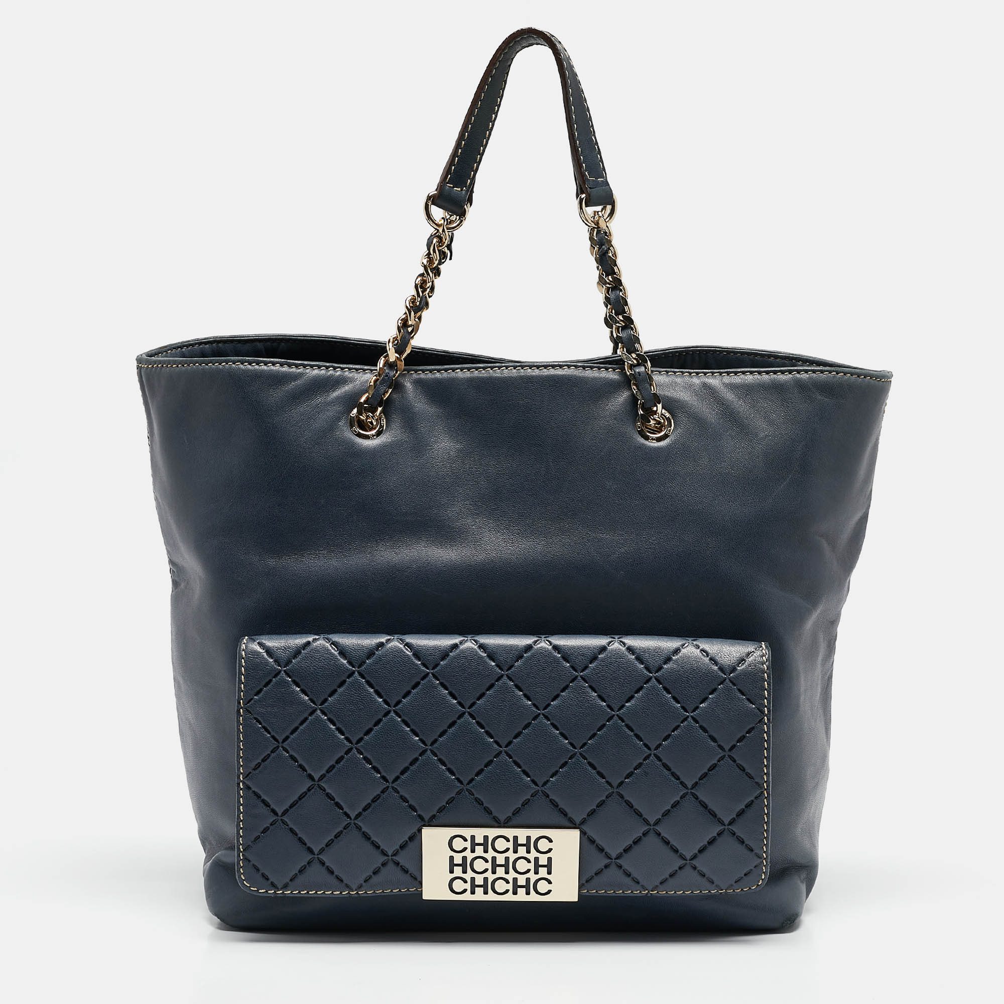 

CH Carolina Herrera Navy Blue Leather Pocket Shopper Tote