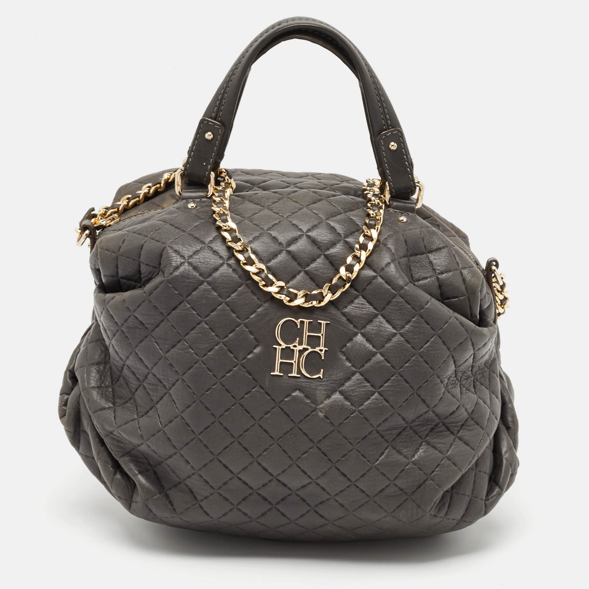 

CH Carolina Herrera Dark Grey Quilted Leather Pleated Chain Hobo