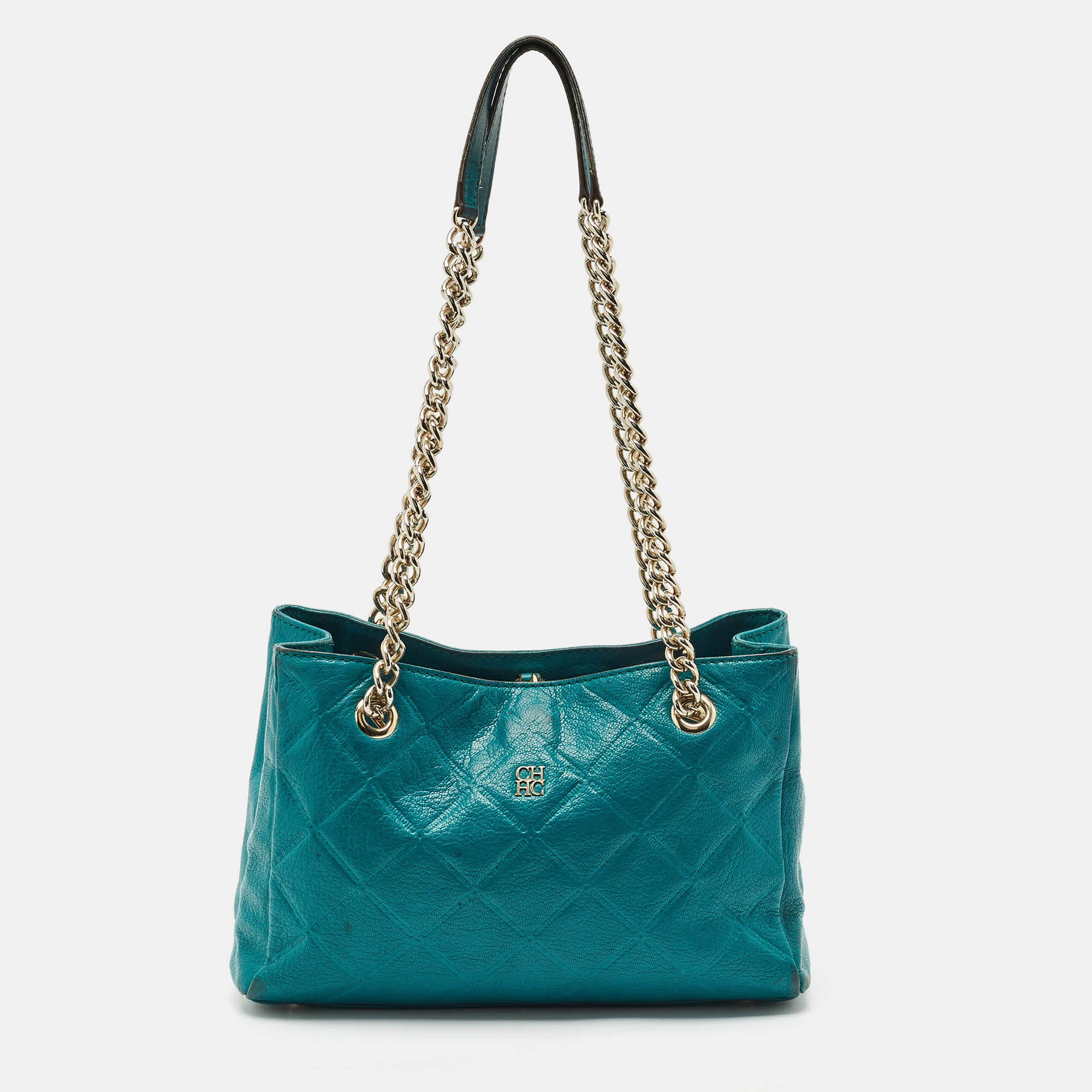 

CH Carolina Herrera Green Quilted Embossed Leather Chain Tote
