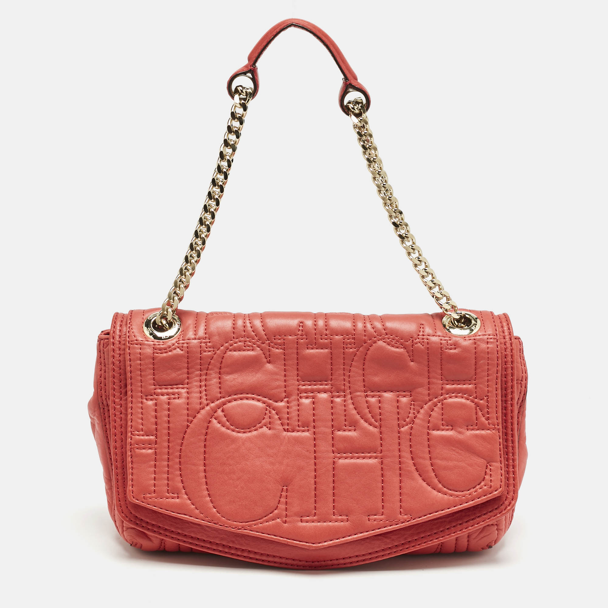 

CH Carolina Herrera Red Monogram Leather Double Flap Shoulder Bag
