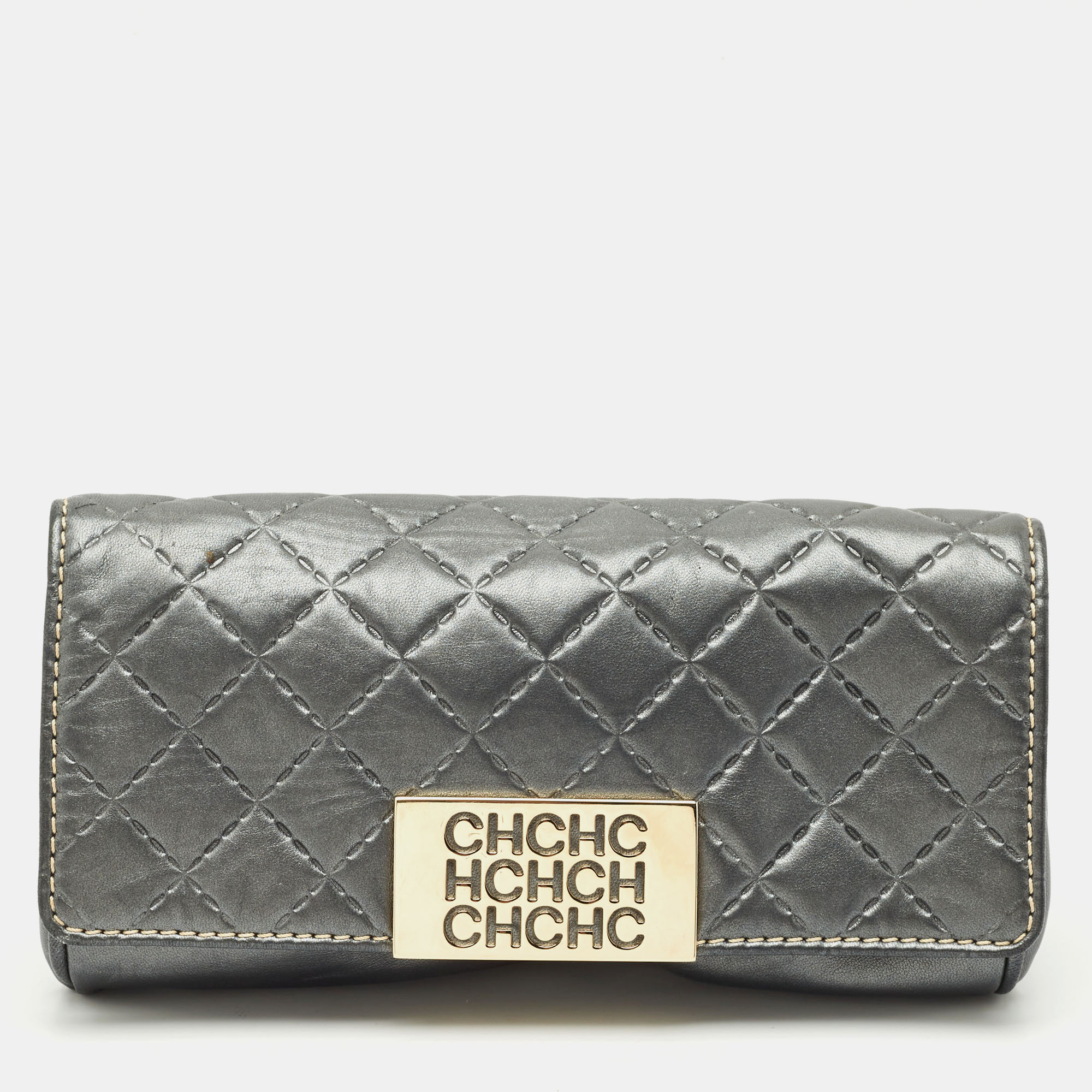 

CH Carolina Herrera Metallic Grey Quilted Embossed Leather Flap Clutch