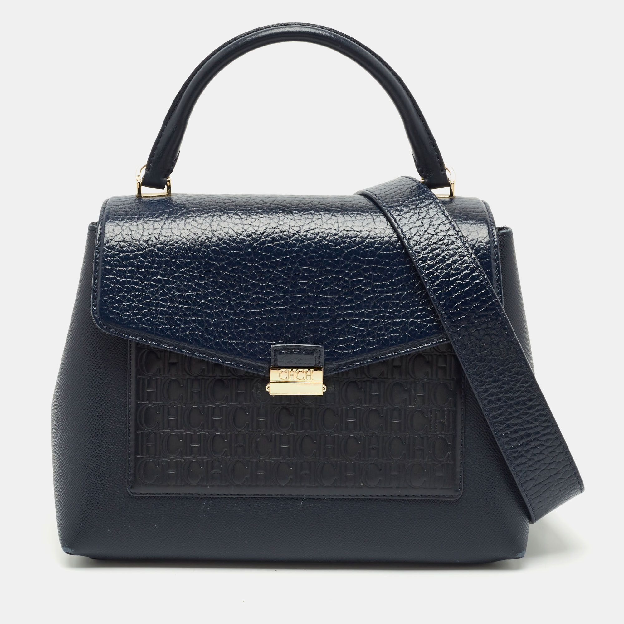 

CH Carolina Herrera Navy Blue Monogram Leather Pushlock Top Handle Bag