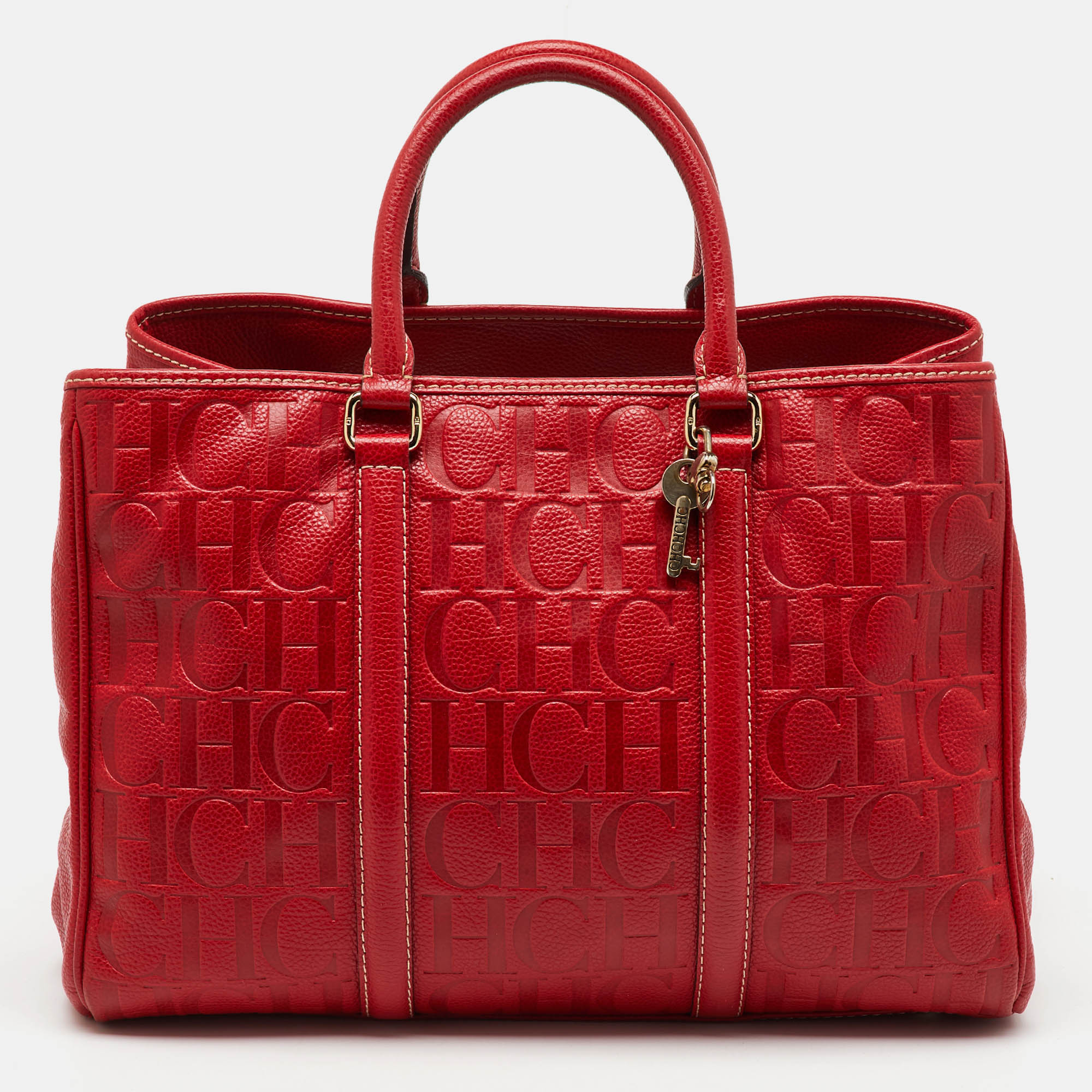 

CH Carolina Herrera Red Monogram Embossed Leather Large Matteo Tote