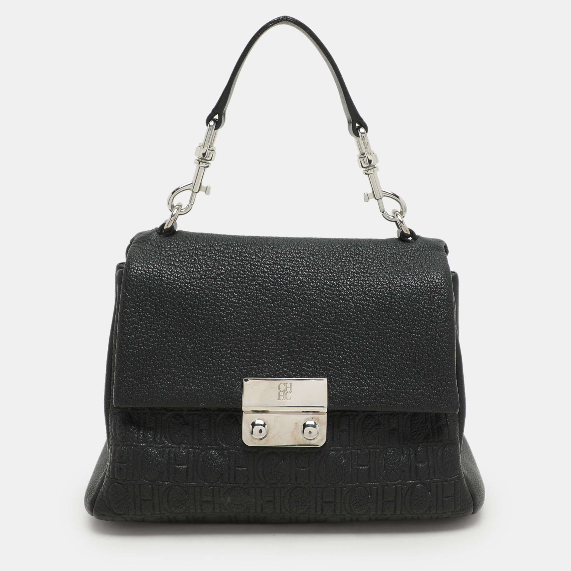 

CH Carolina Herrera Black Monogram Leather Mini Baret Top Handle Bag