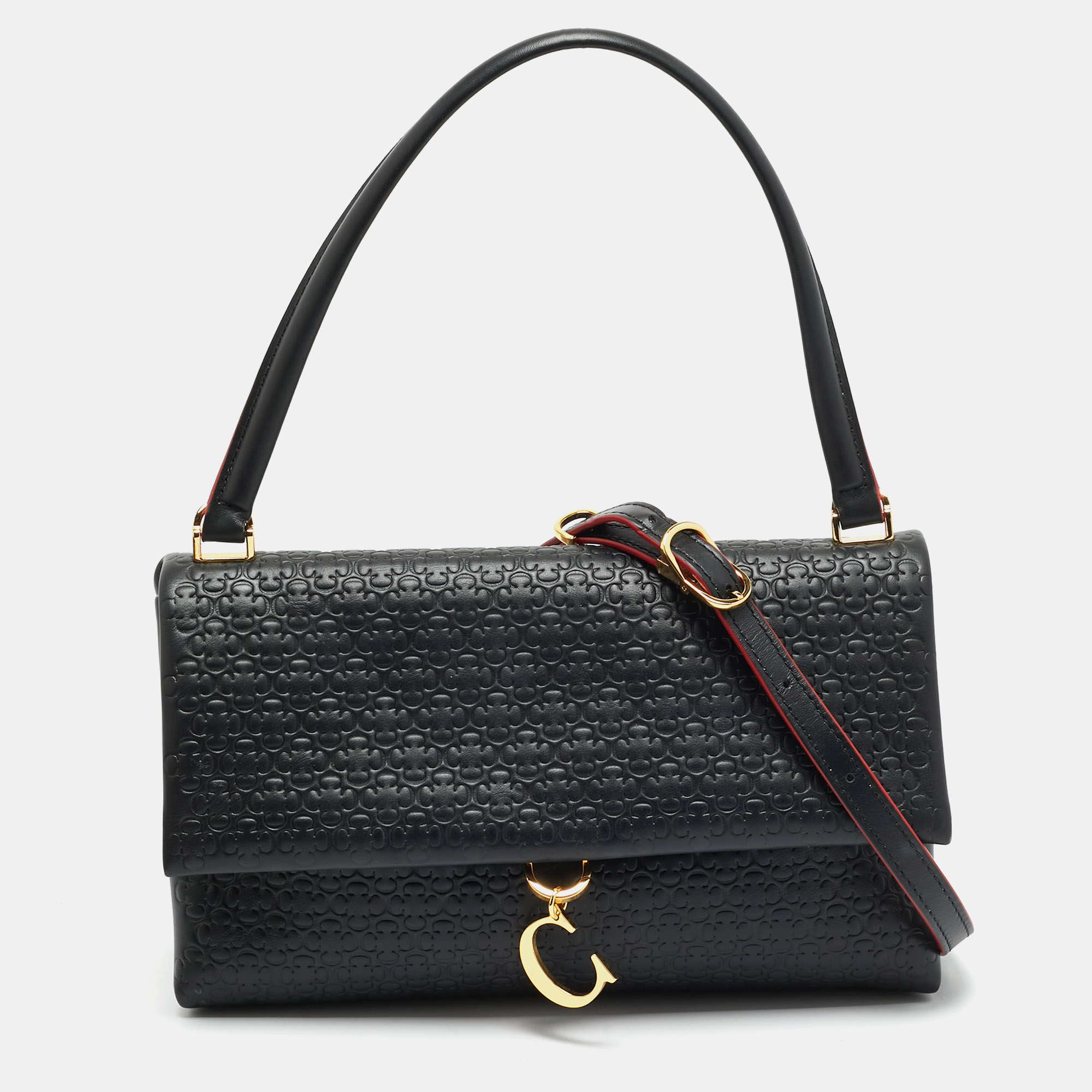 

CH Carolina Herrera Black Embossed Leather Medium Camelot Shoulder Bag