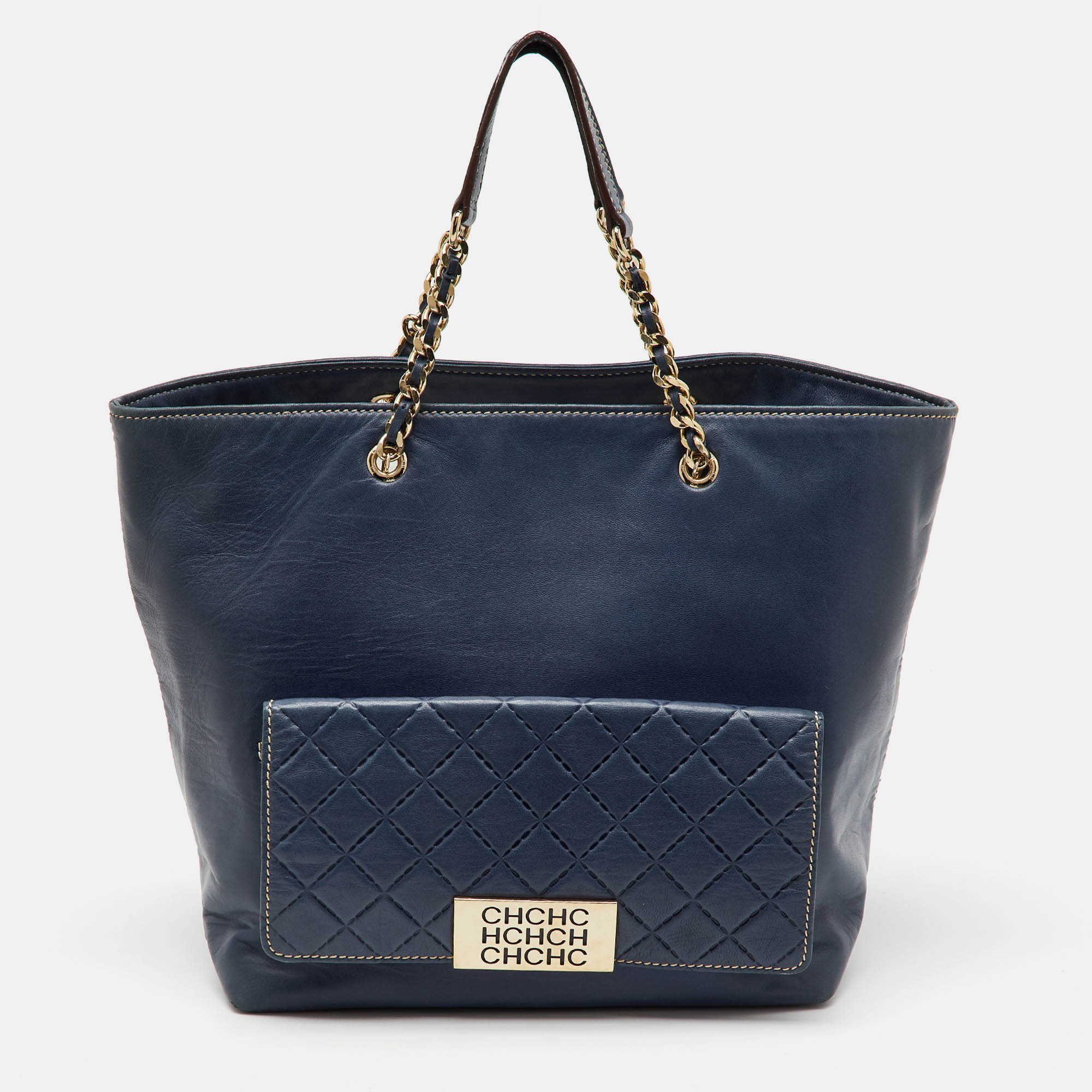 

CH Carolina Herrera Navy Blue Leather Front Pocket Shopper Tote