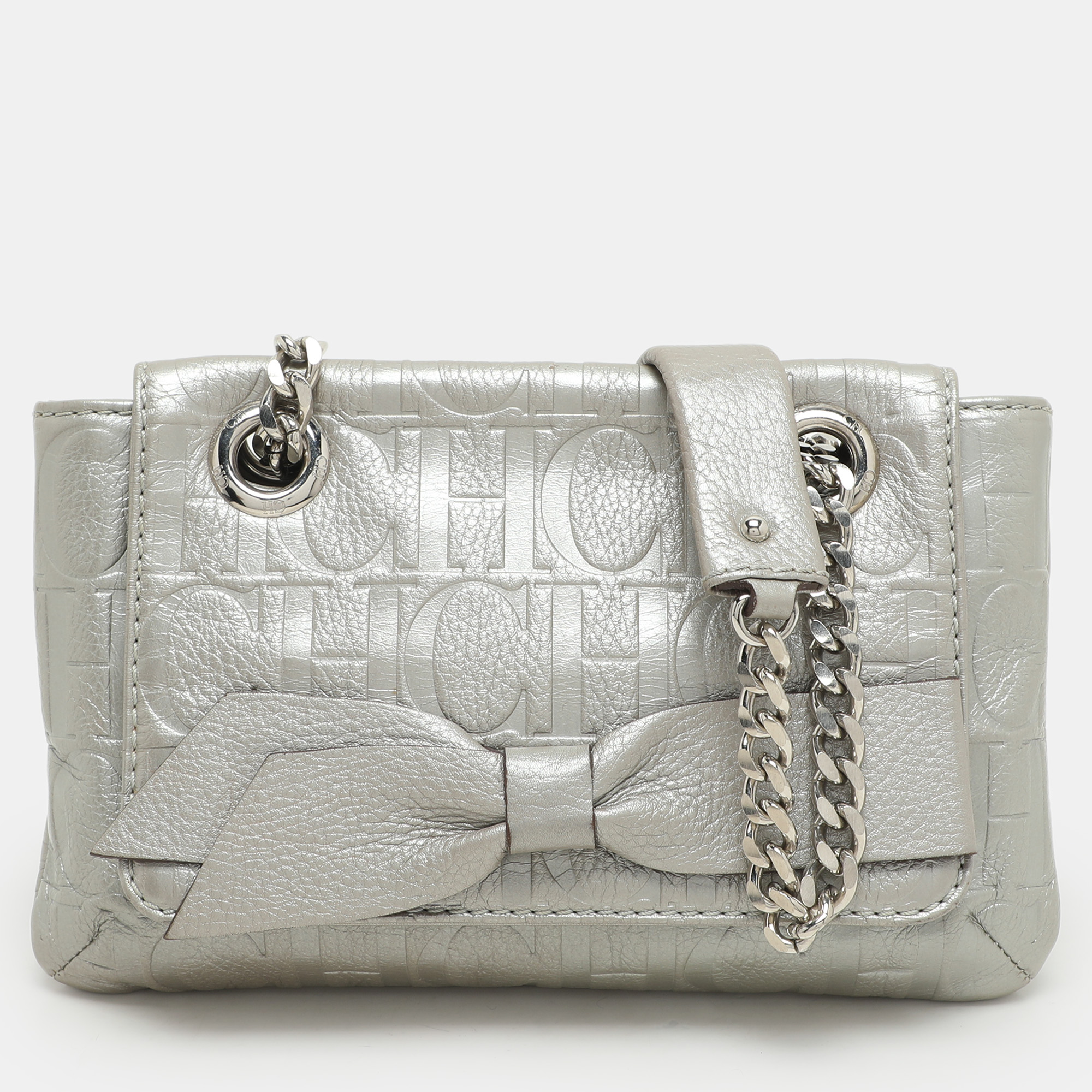 

CH Carolina Herrera Silver Monogram Embossed Leather Audrey Shoulder Bag