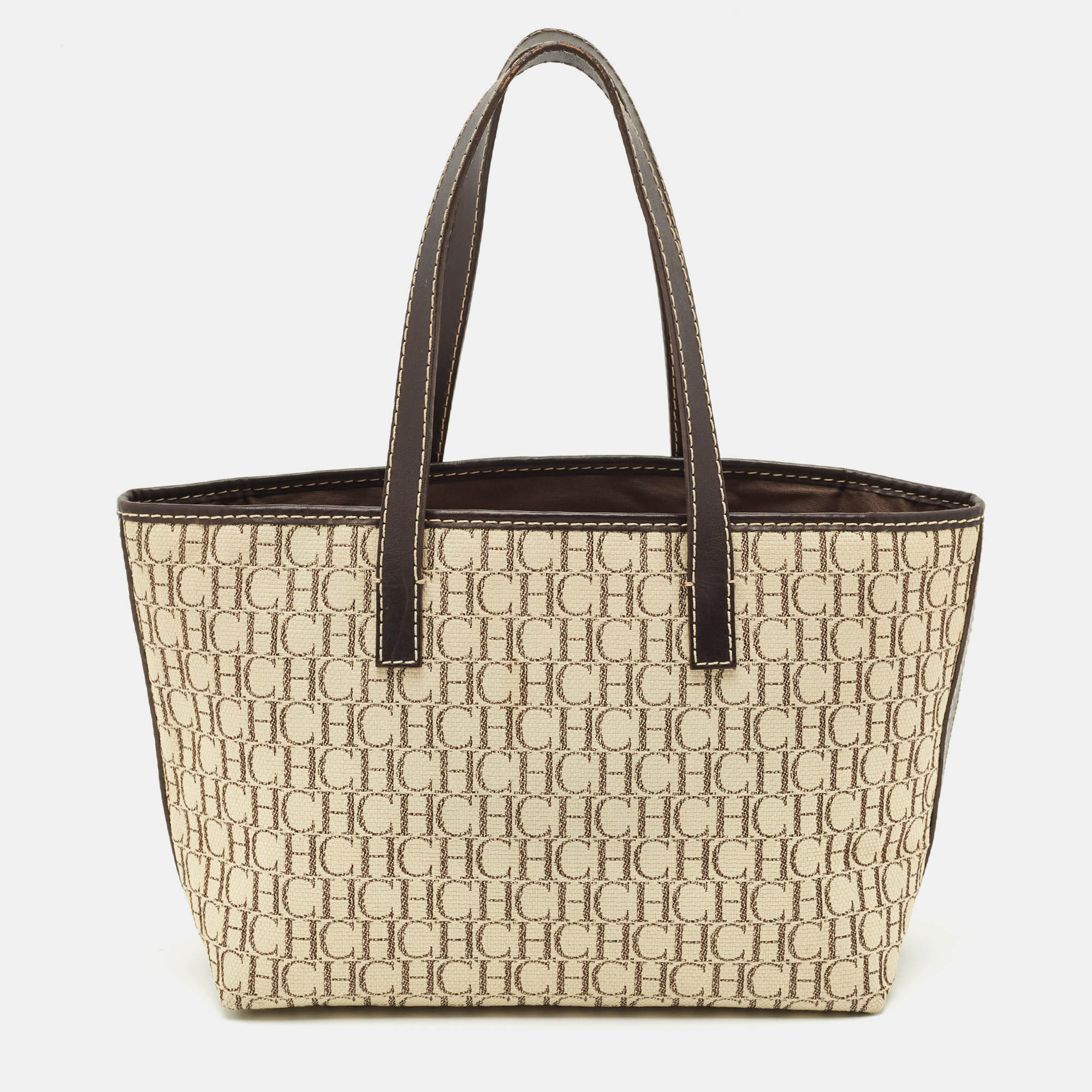 Pre-owned Ch Carolina Herrera Beige/dark Brown Monogram Canvas Small Shopper Tote