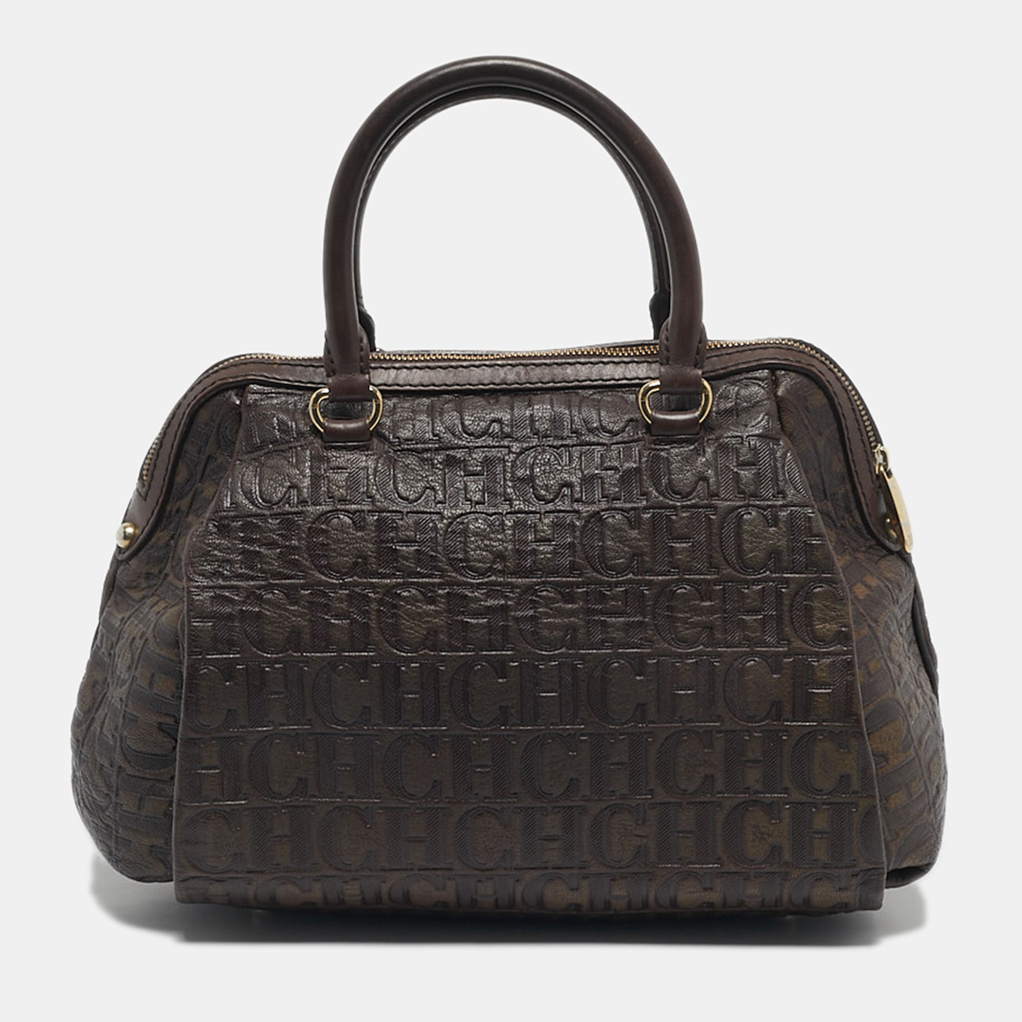Pre-owned Ch Carolina Herrera Dark Brown Monogram Embossed Leather Frame Satchel