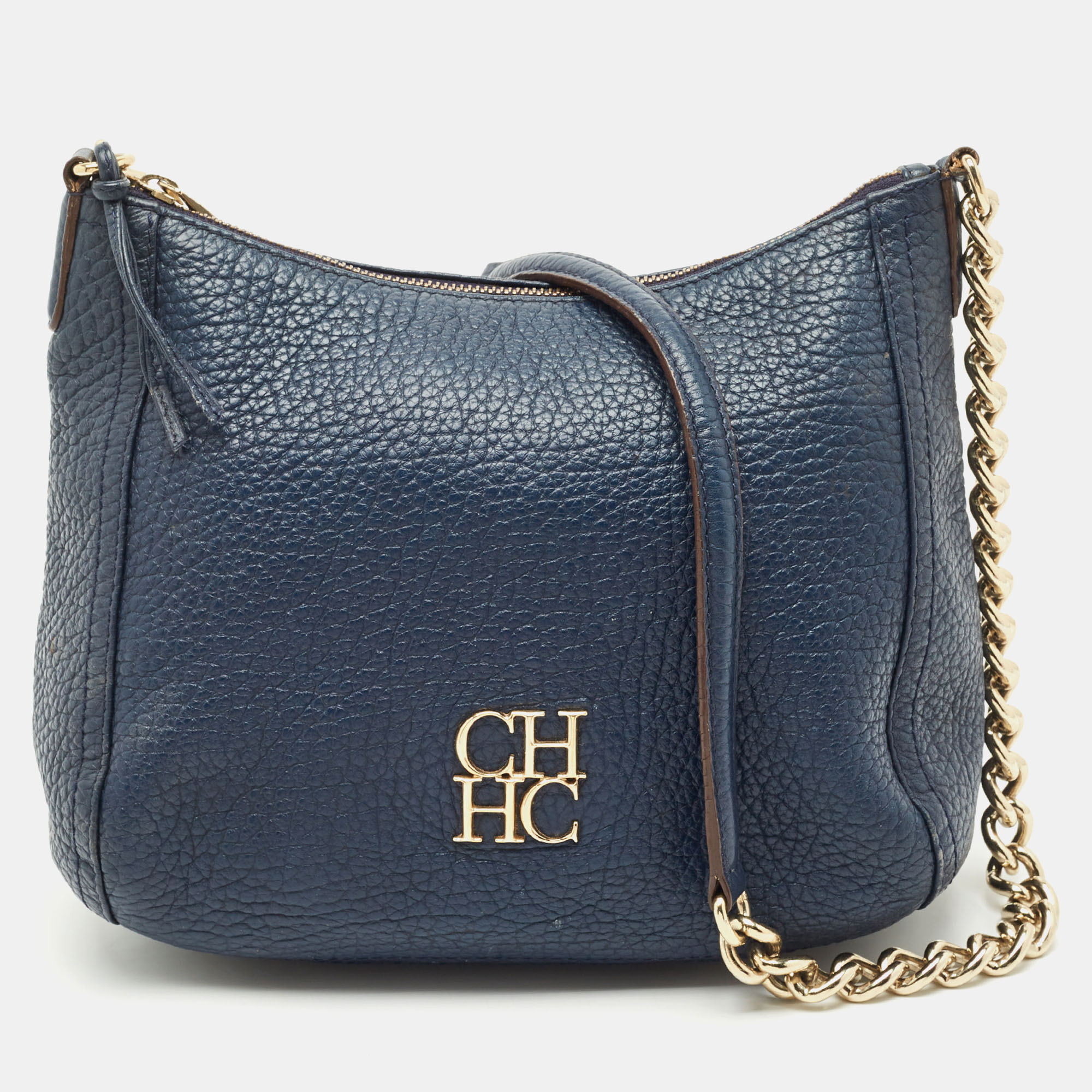 Pre-owned Ch Carolina Herrera Navy Blue Leather Maria Shoulder Bag