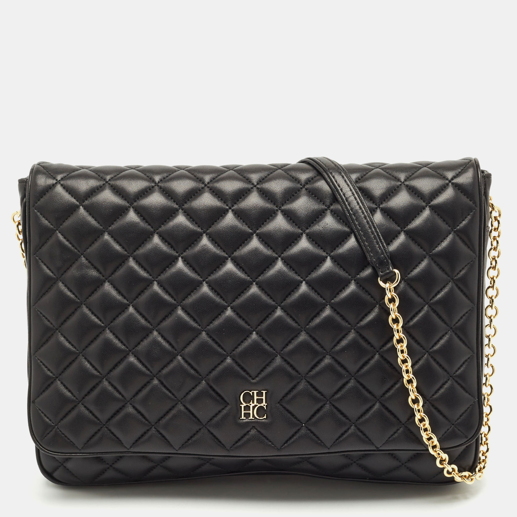 Pre-owned Ch Carolina Herrera Black Quilted Leather Flap Chain Shoulder Bag