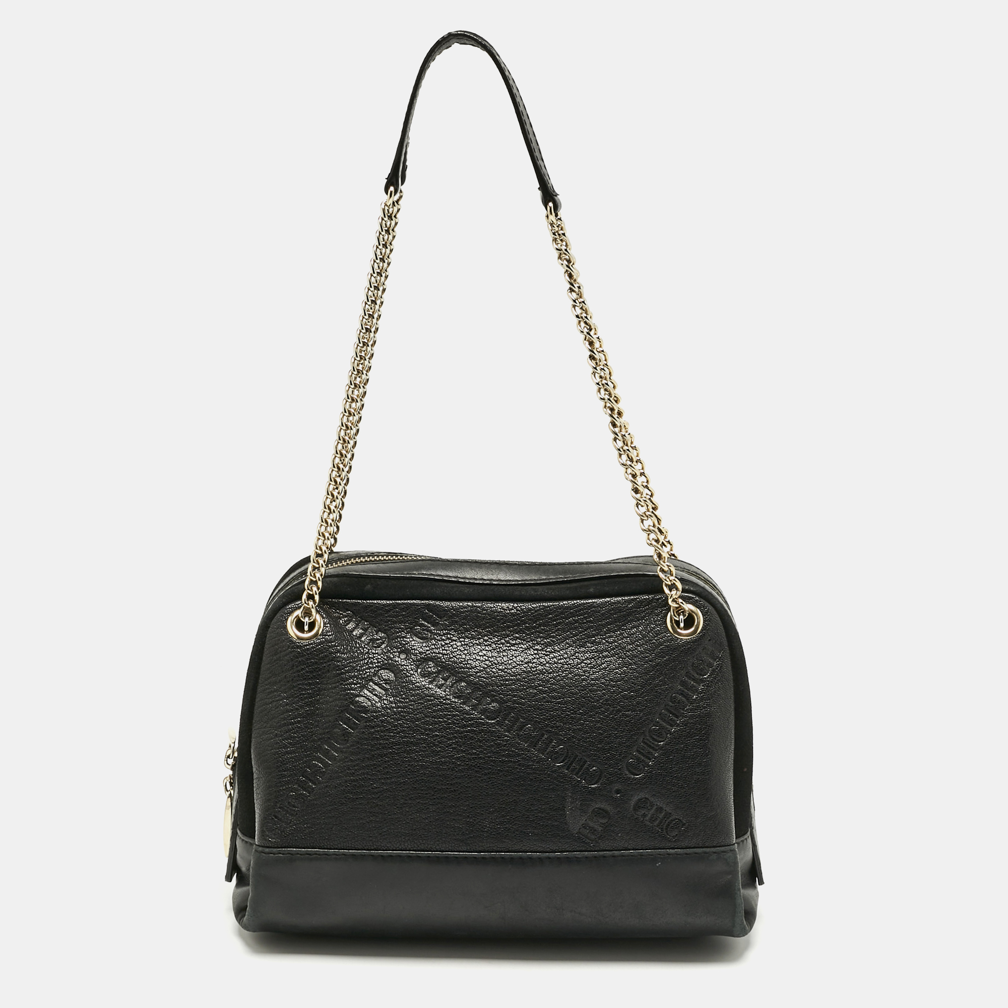 Pre-owned Ch Carolina Herrera Black Leather And Suede Embossed Logo Shoulder Bag