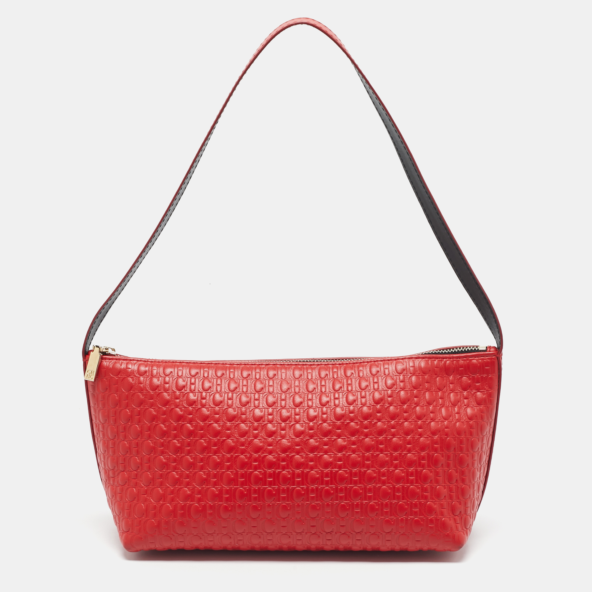 

CH Carolina Herrera Red Monogram Embossed Leather Pochette Bag