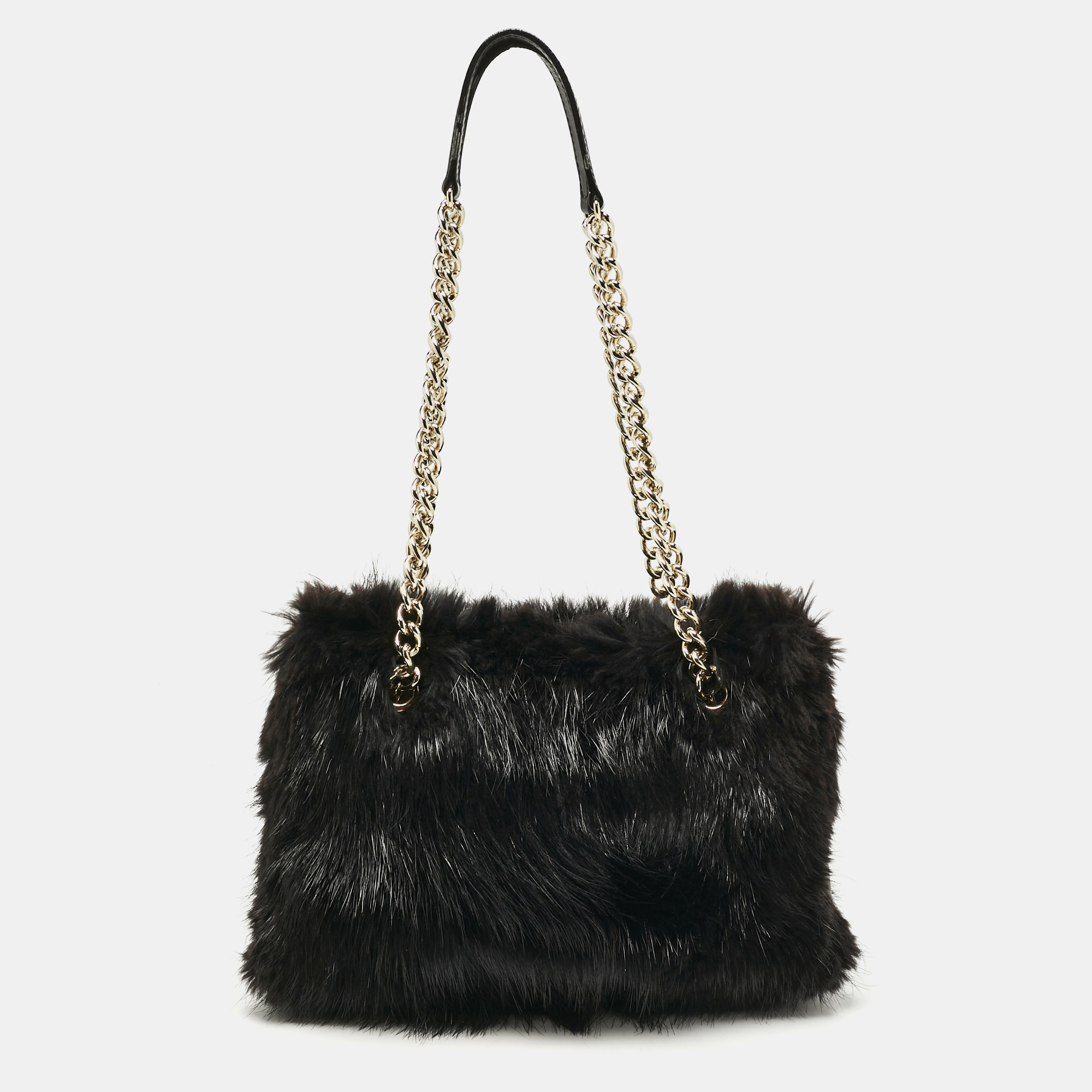 

CH Carolina Herrera Black Fox Fur and Leather Chain Tote