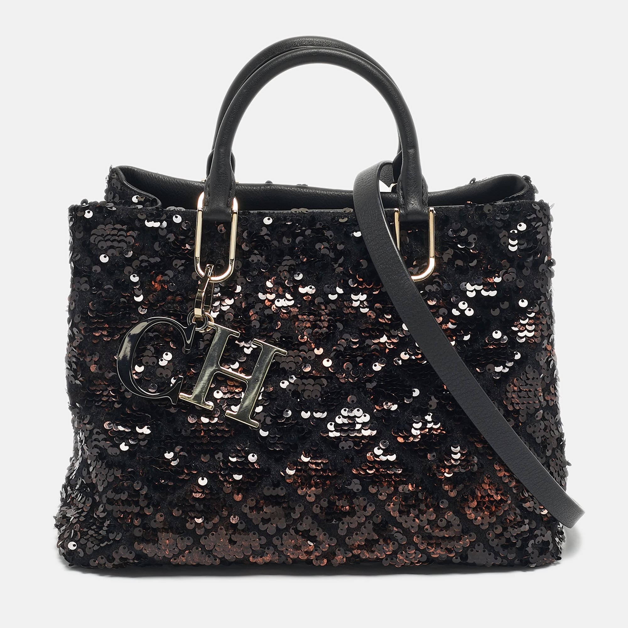 Pre-owned Ch Carolina Herrera Black/bronze Sequins Charm Tote