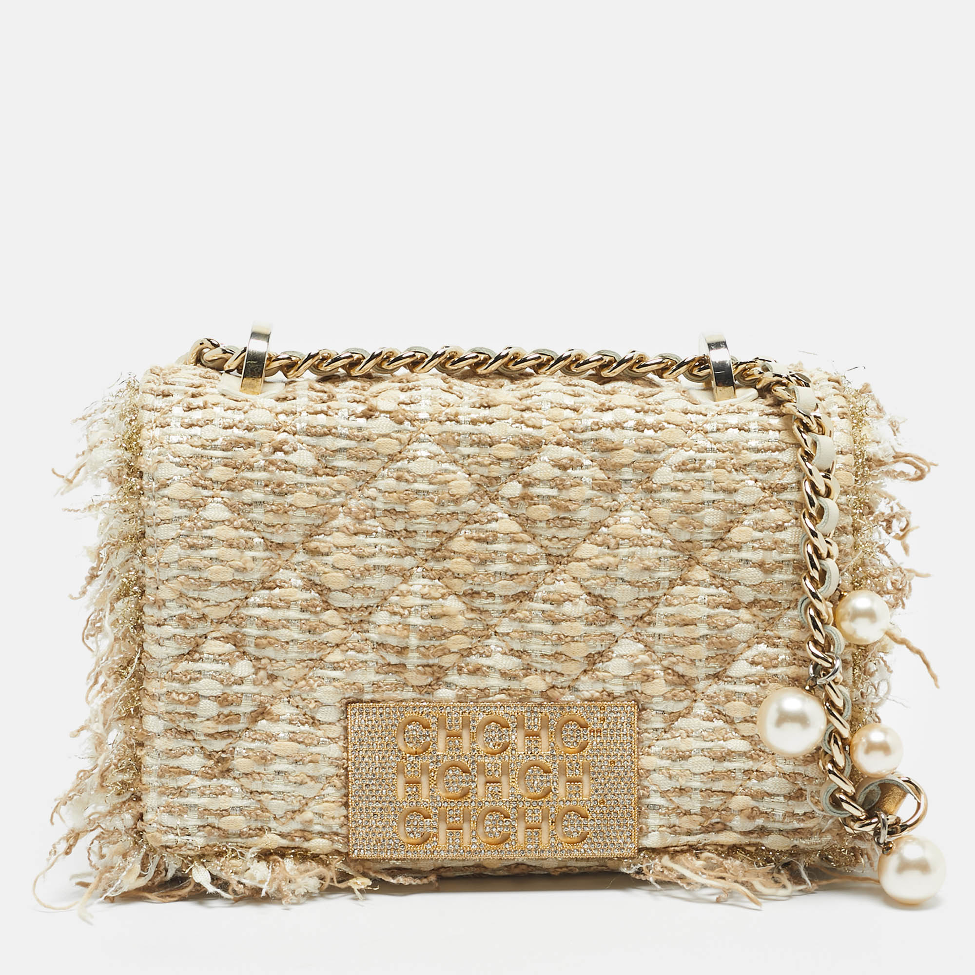 

CH Carolina Herrera Beige/Metallic Tweed Faux Pearl Embellished Crossbody Bag