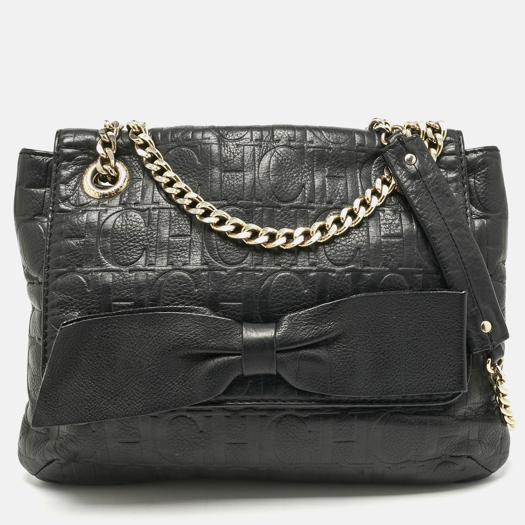 Pre-owned Ch Carolina Herrera Black Monogram Embossed Leather Audrey Shoulder Bag