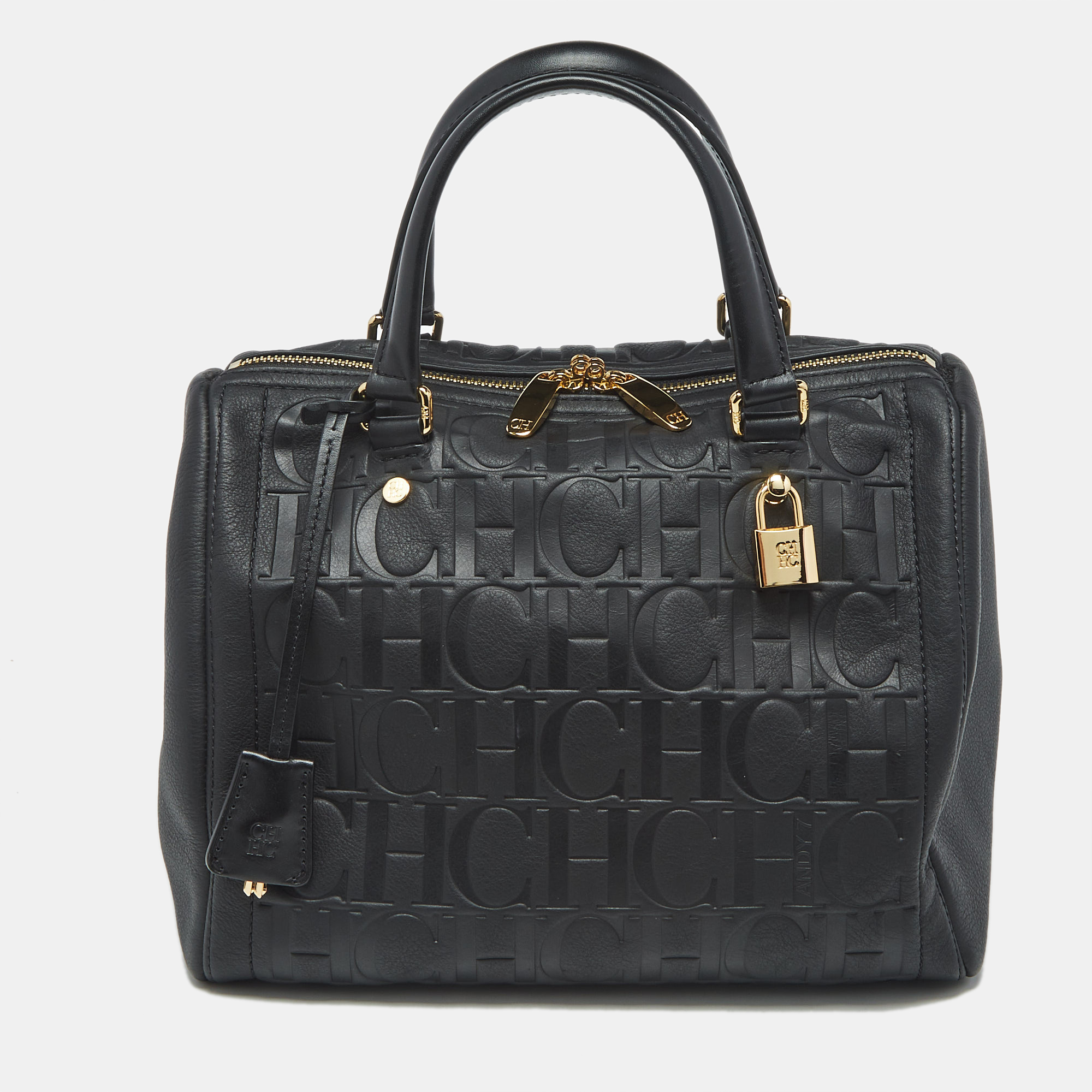 

CH Carolina Herrera Black Monogram Embossed Leather Andy 7 Locked Boston Bag