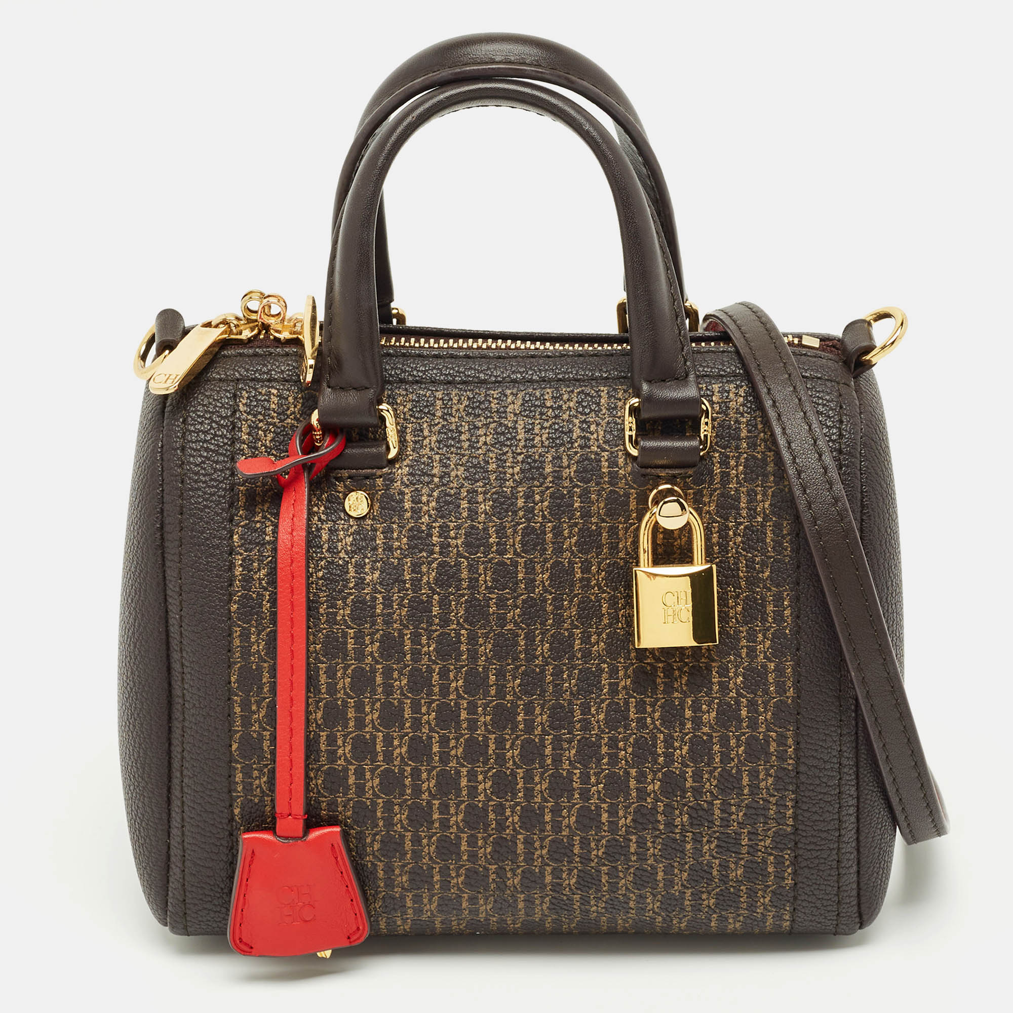 Pre-owned Ch Carolina Herrera Dark Brown Monogram Coated Canvas Andy 5 Locked Crossbody Bag