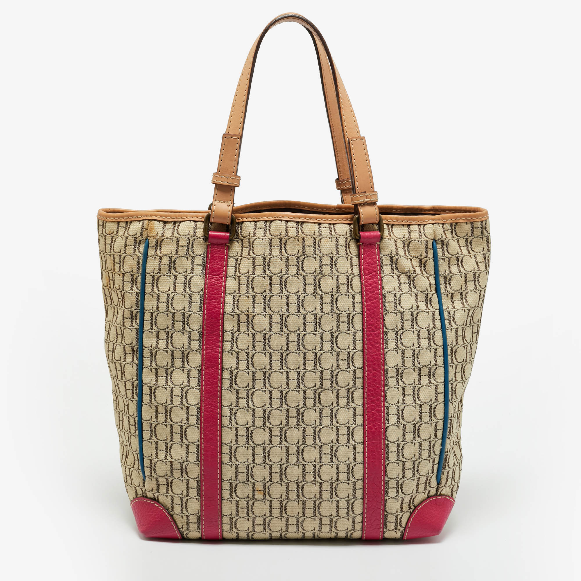 Pre-owned Ch Carolina Herrera Multicolor Logo Jacquard Canvas And Leather Tote