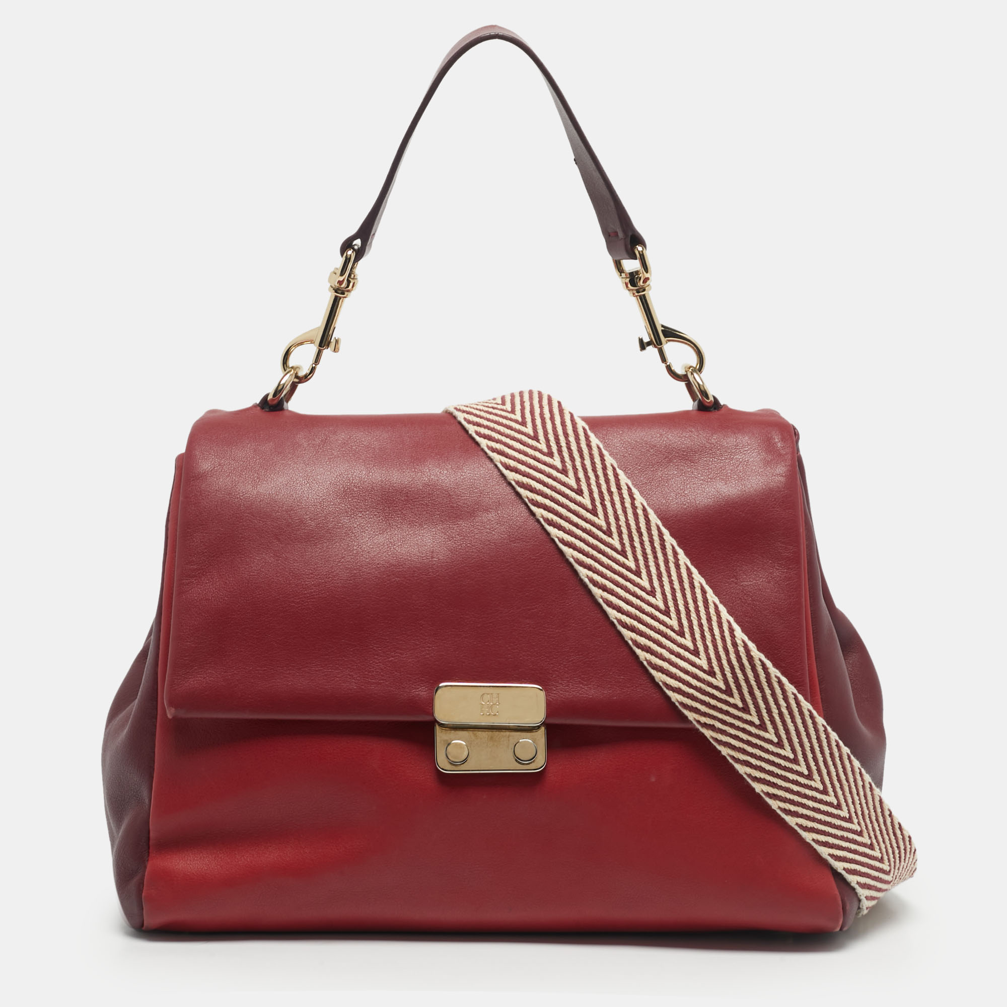 Pre-owned Ch Carolina Herrera Three Tone Red Leather Baret Top Handle Bag