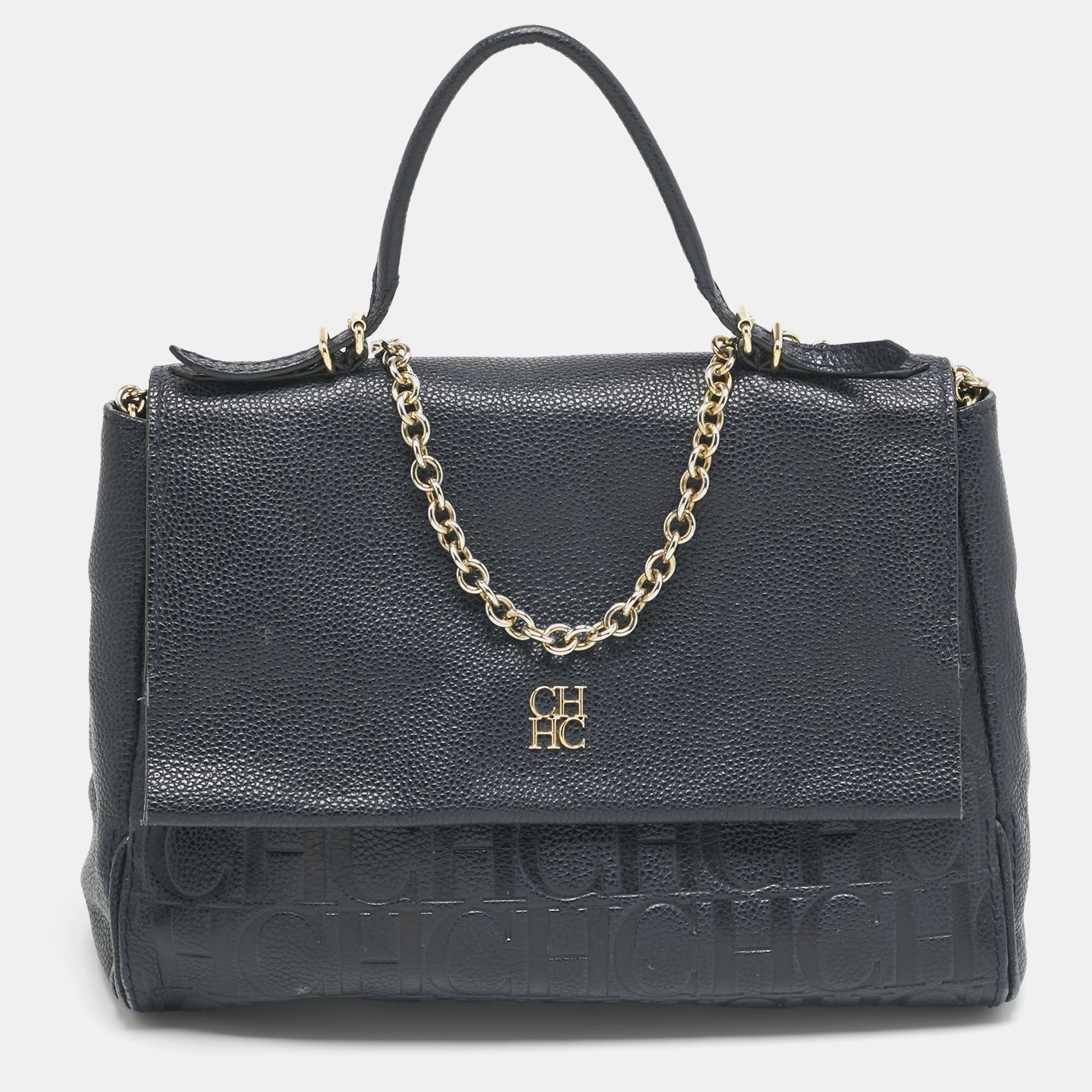 Pre-owned Ch Carolina Herrera Navy Blue Leather Minuetto Flap Top Handle Bag