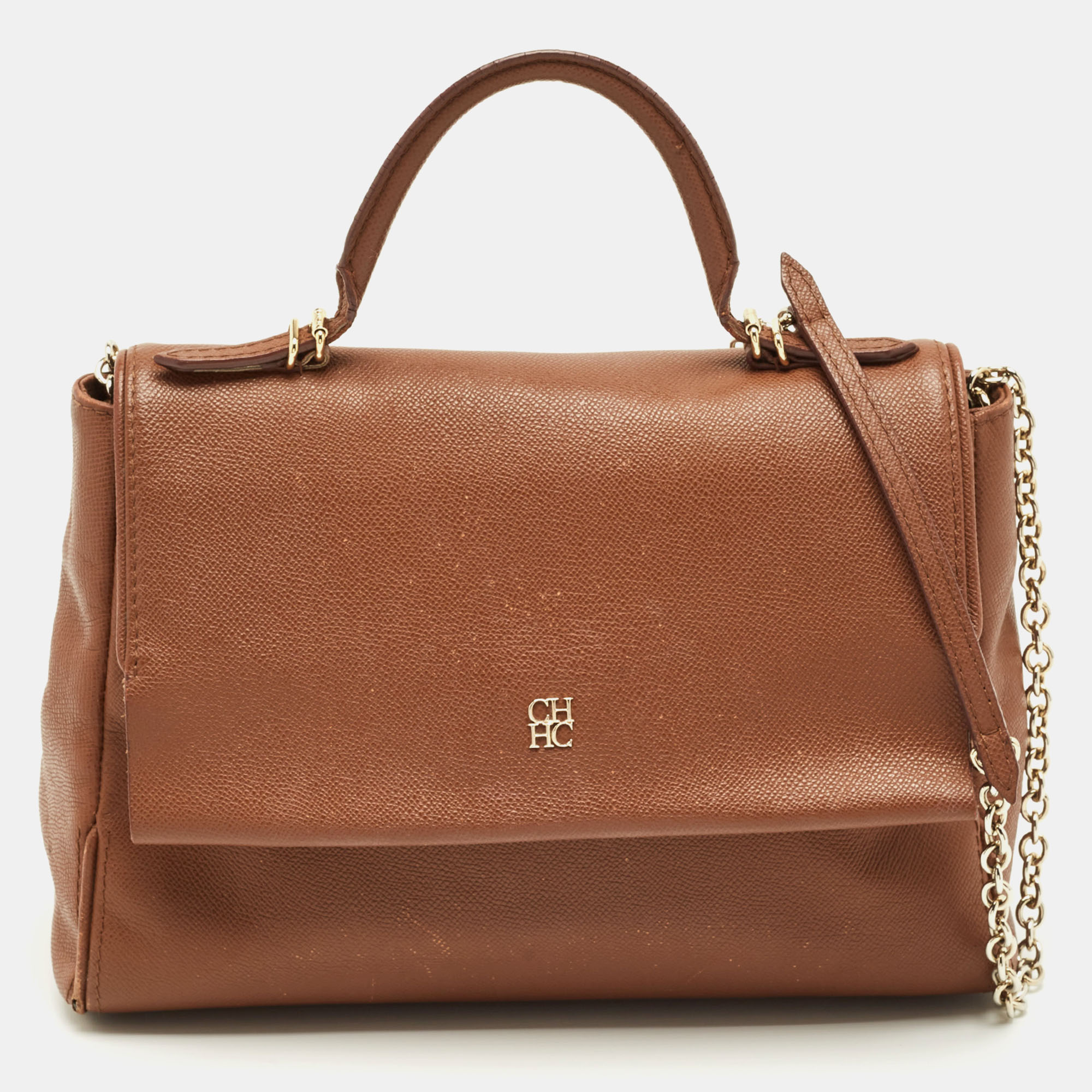 

CH Carolina Herrera Brown Leather Minuetto Flap Top Handle Bag