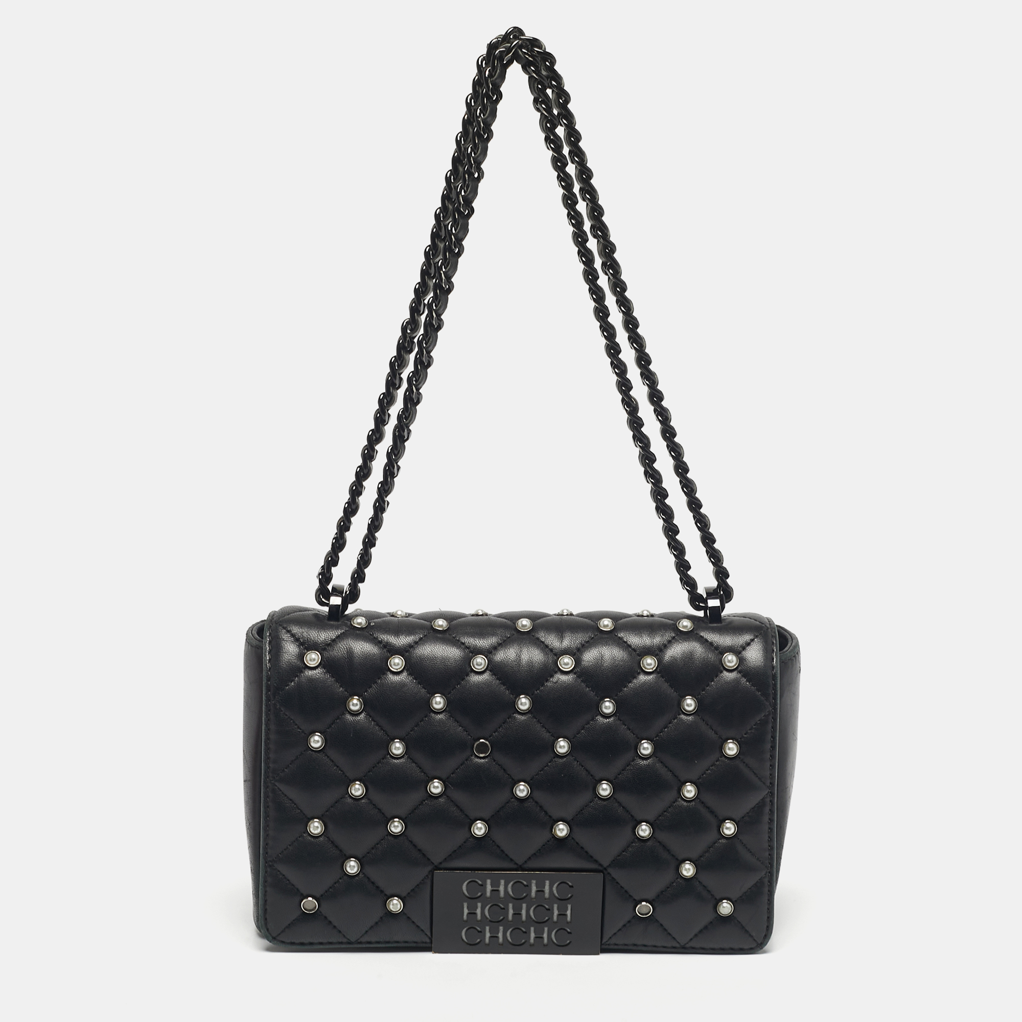 

CH Carolina Herrera Black Quilted Leather Pearl Studded Flap Chain Shoulder Bag