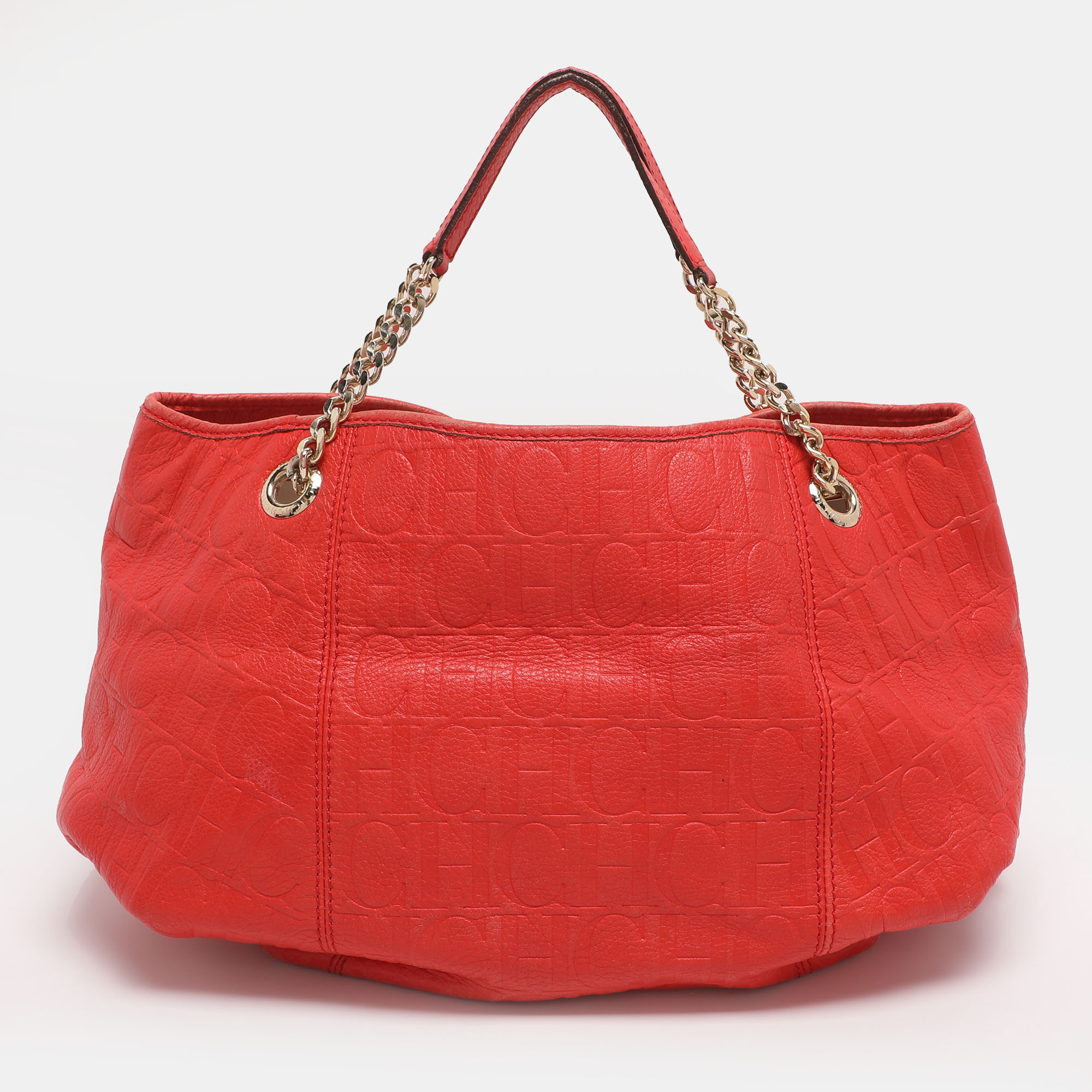 Pre-owned Ch Carolina Herrera Red Monogram Embossed Leather Chain Handle Tote