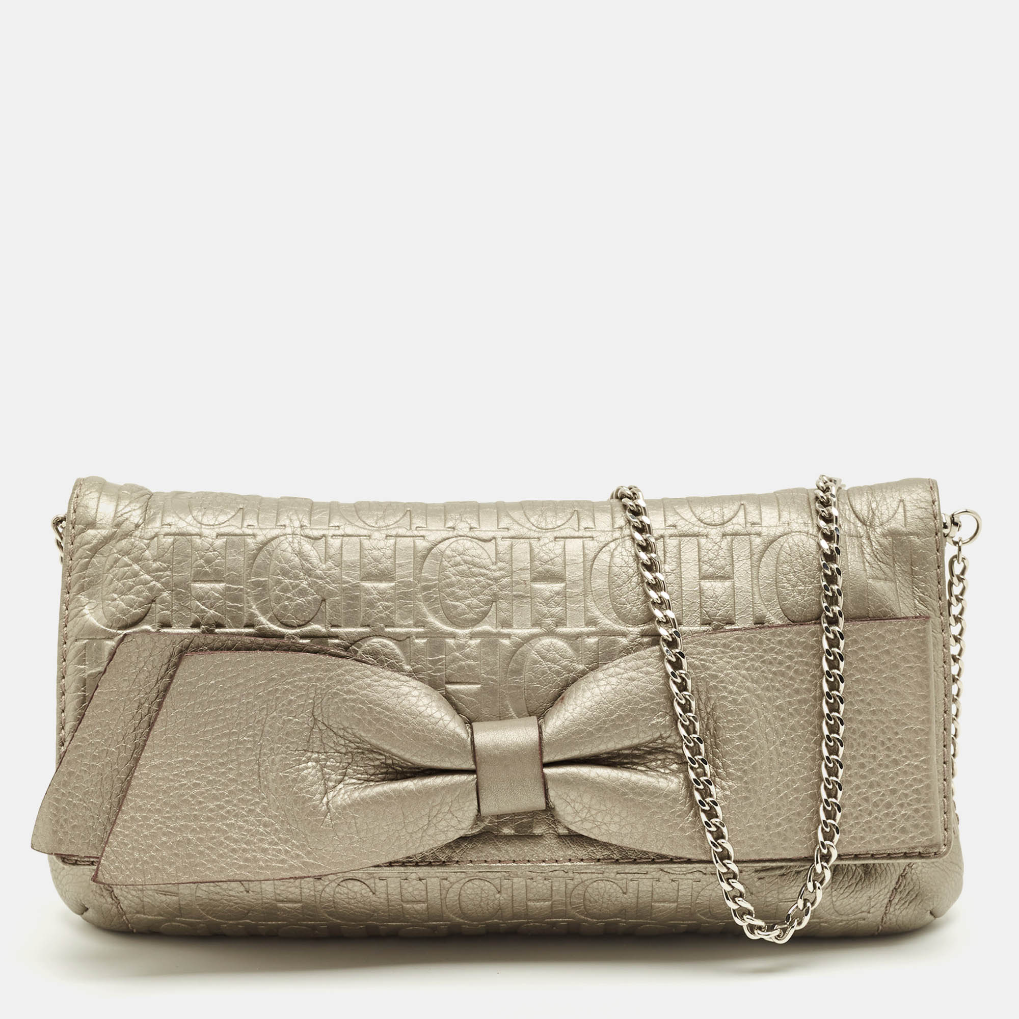 

CH Caroline Herrera Metallic Grey Monogram Embossed Leather Bow Chain Clutch