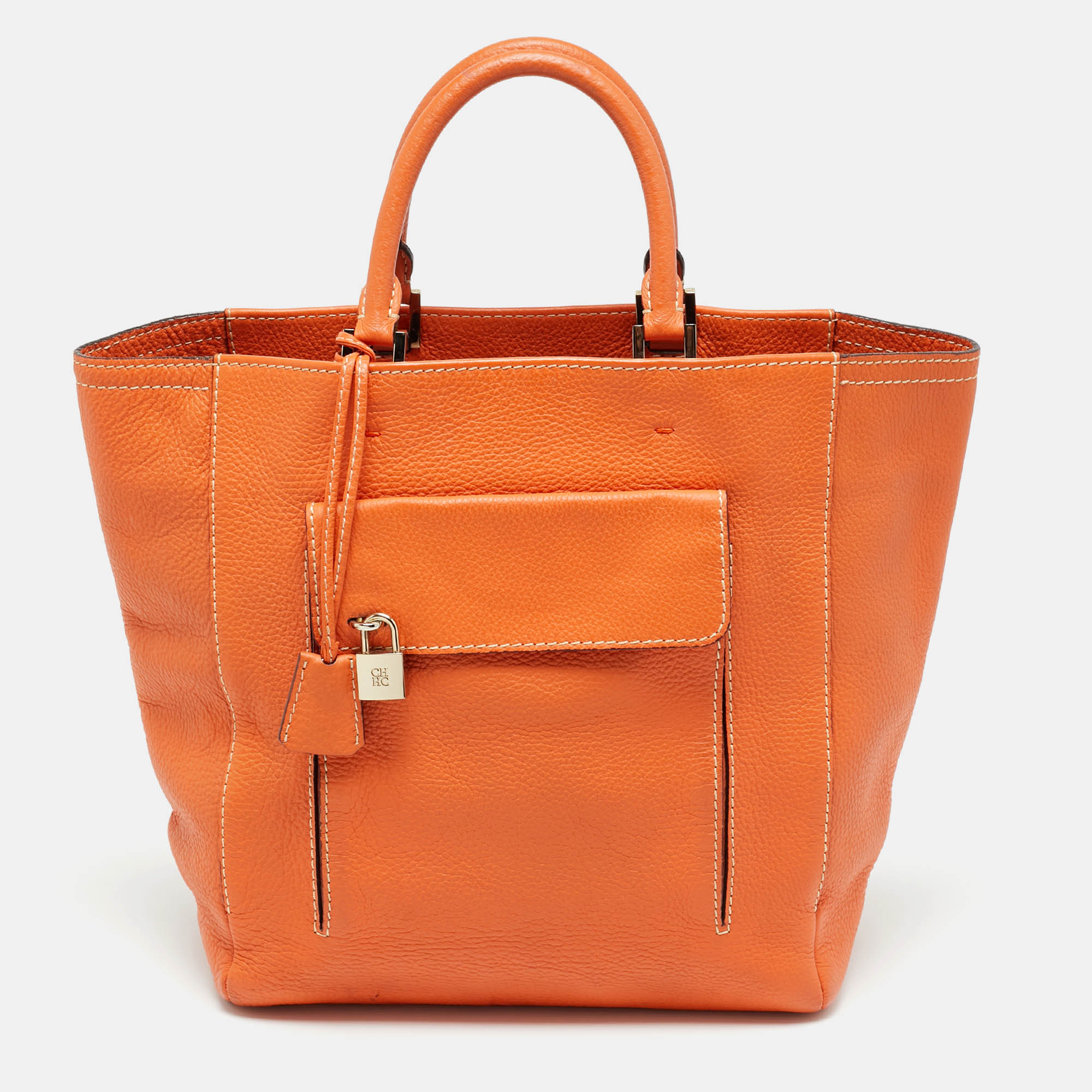 

CH Carolina Herrera Orange Leather Front Pocket Tote