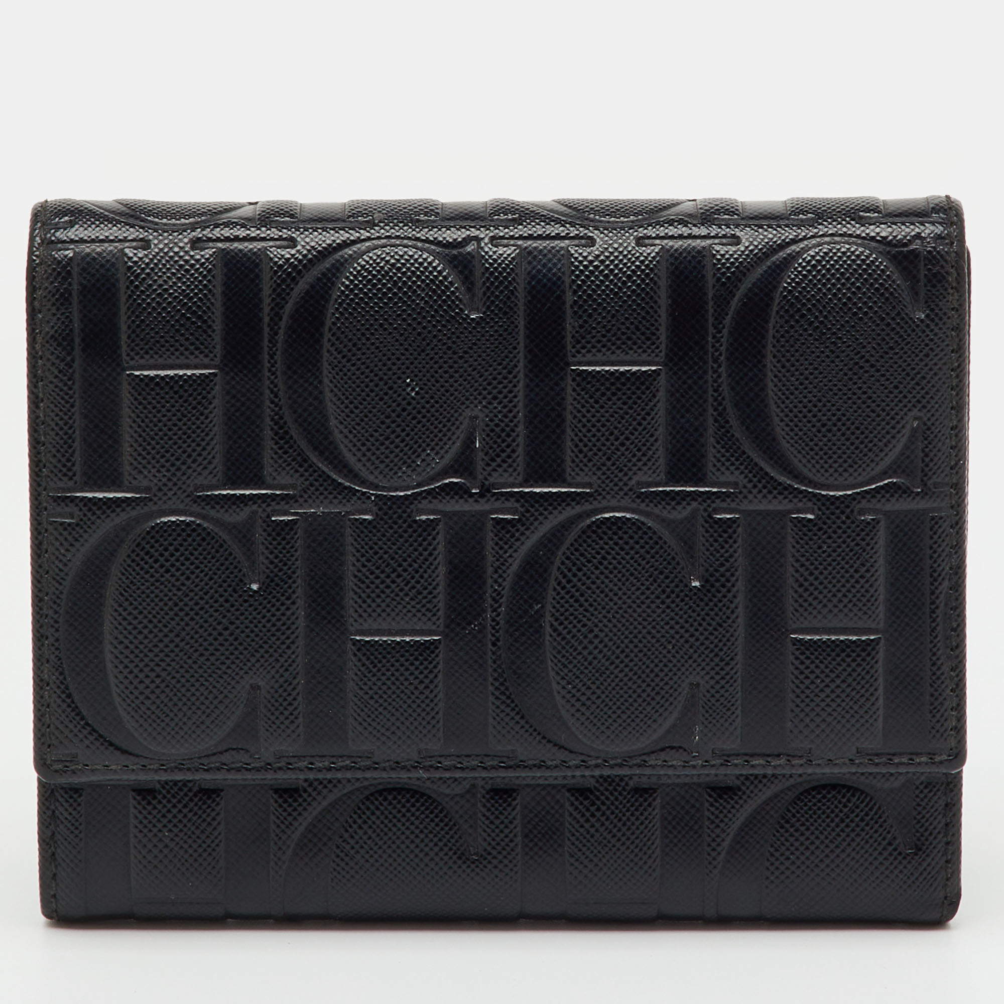 Pre-owned Ch Carolina Herrera Black Leather Logo Embossed Trifold Wallet