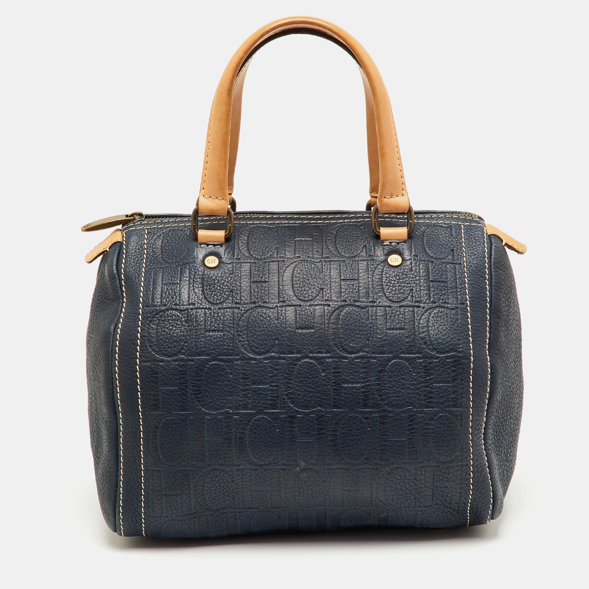 

CH Carolina Herrera Navy Blue Monogram Embossed Leather Andy Boston Bag
