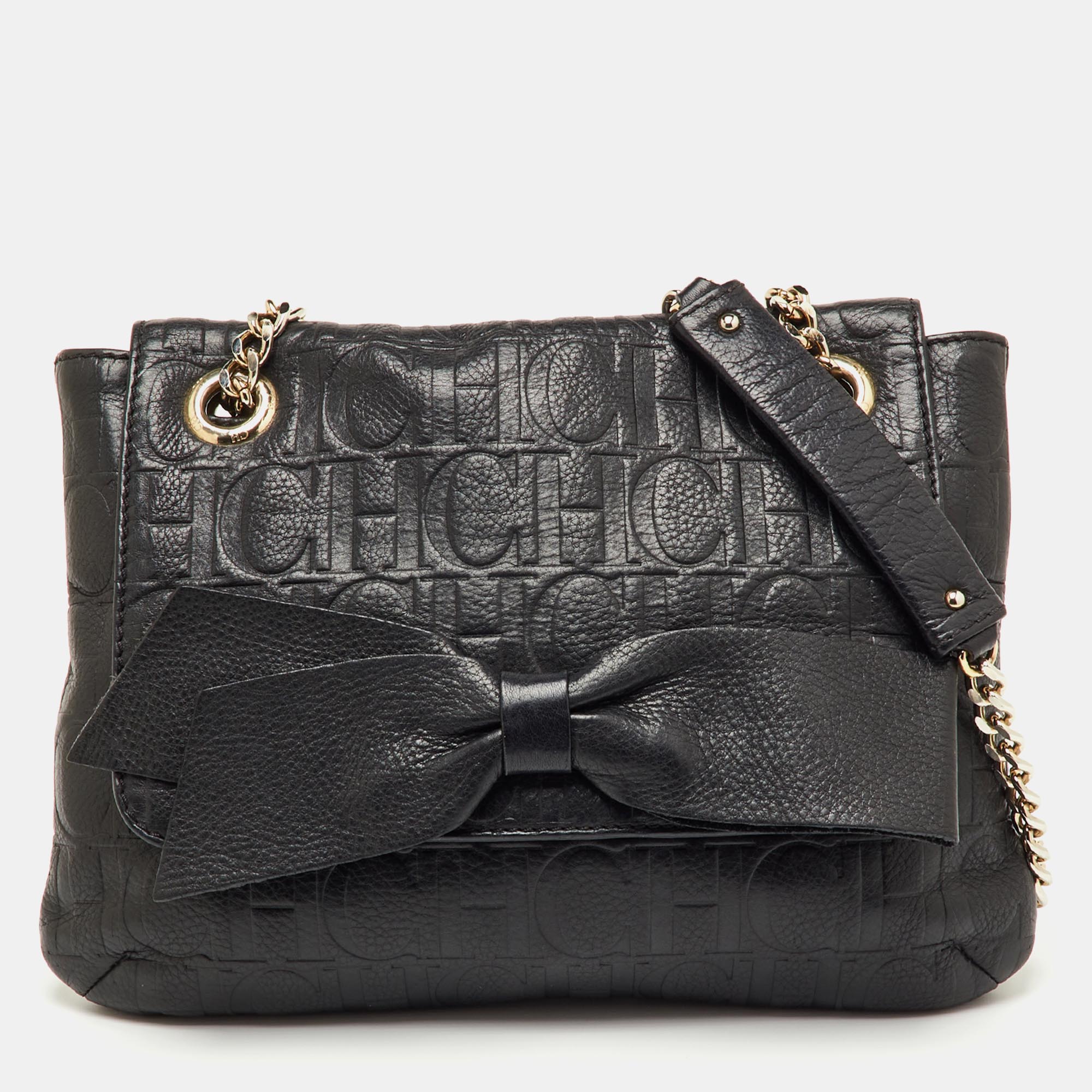 

CH Carolina Herrera Black Monogram Embossed Leather Audrey Bow Flap Shoulder Bag
