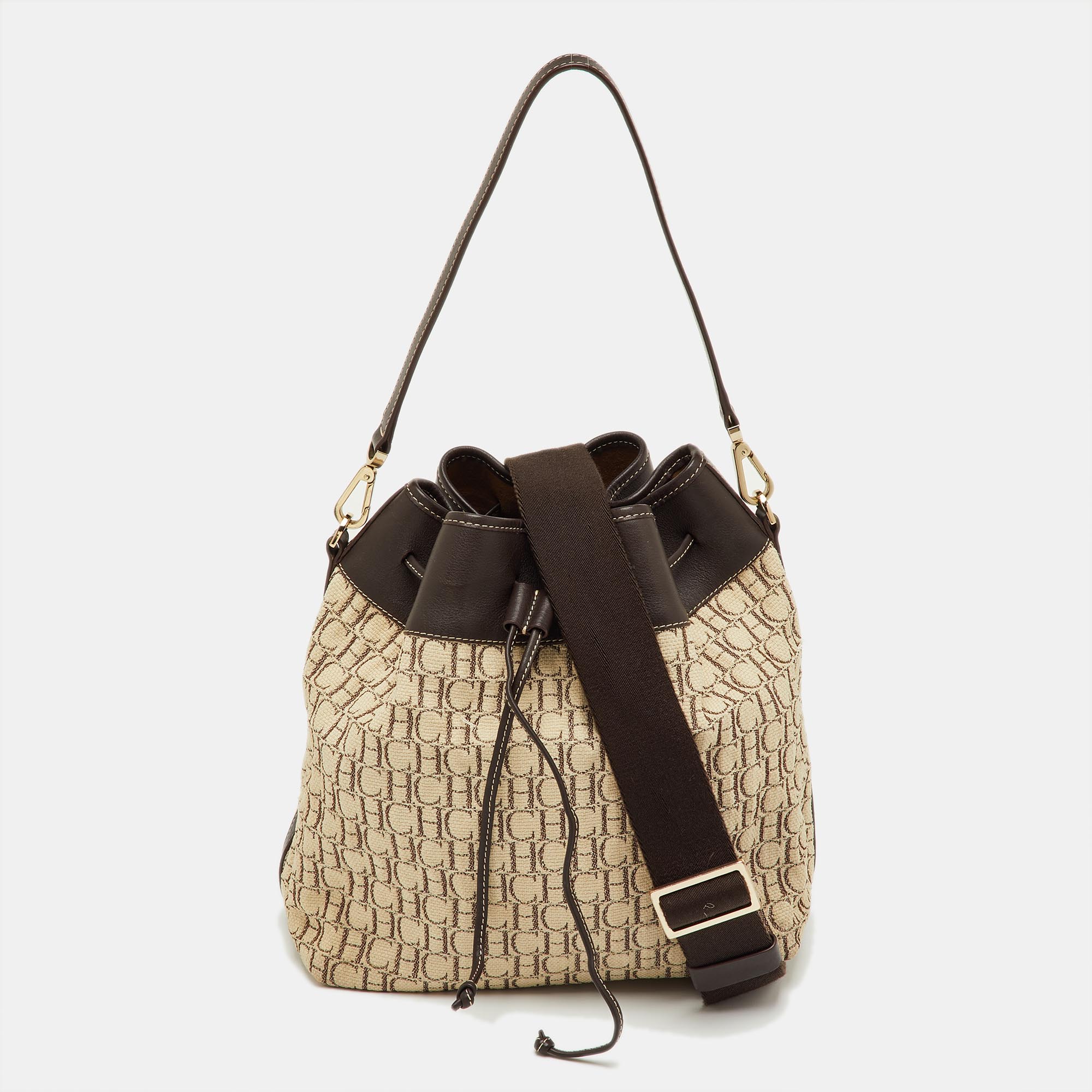 

CH Carolina Herrera Brown/Beige Monogram Canvas and Leather Drawstring Bucket Bag