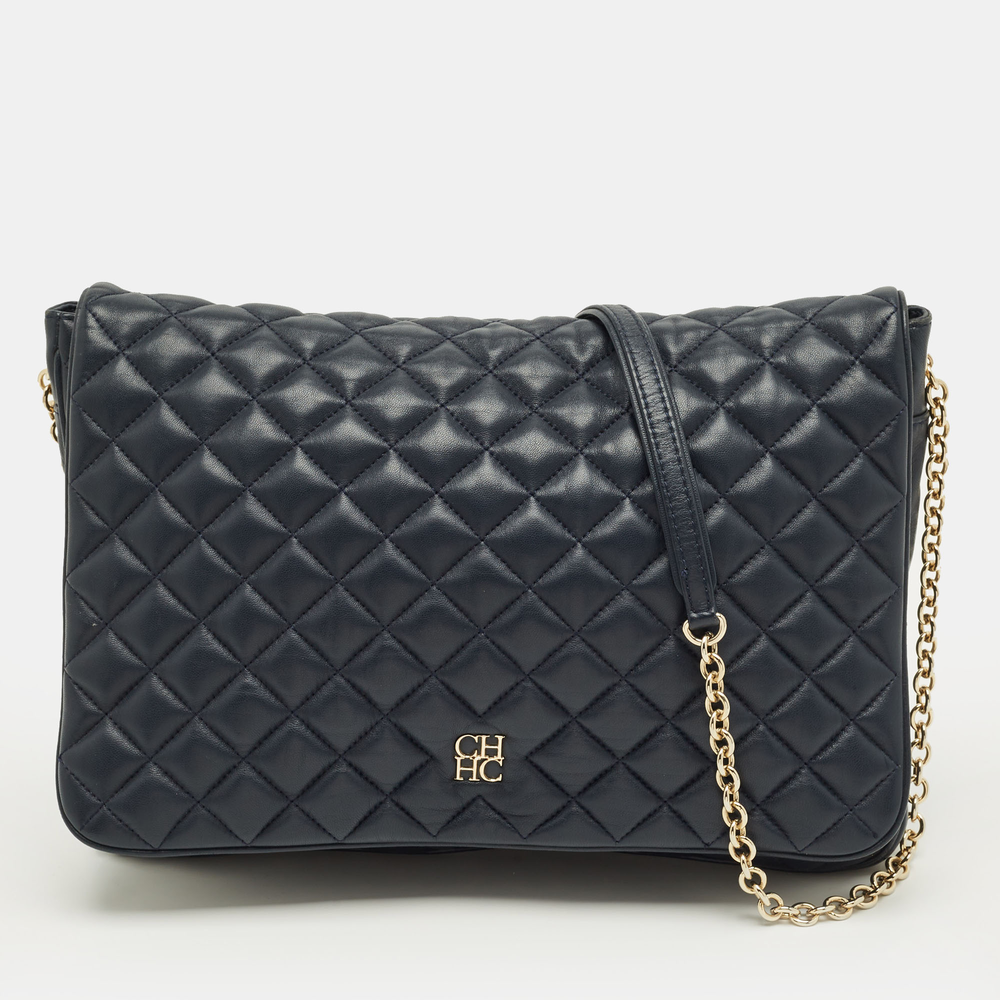 

CH Carolina Herrera Flap Chain Navy Blue Quilted Leather Shoulder Bag