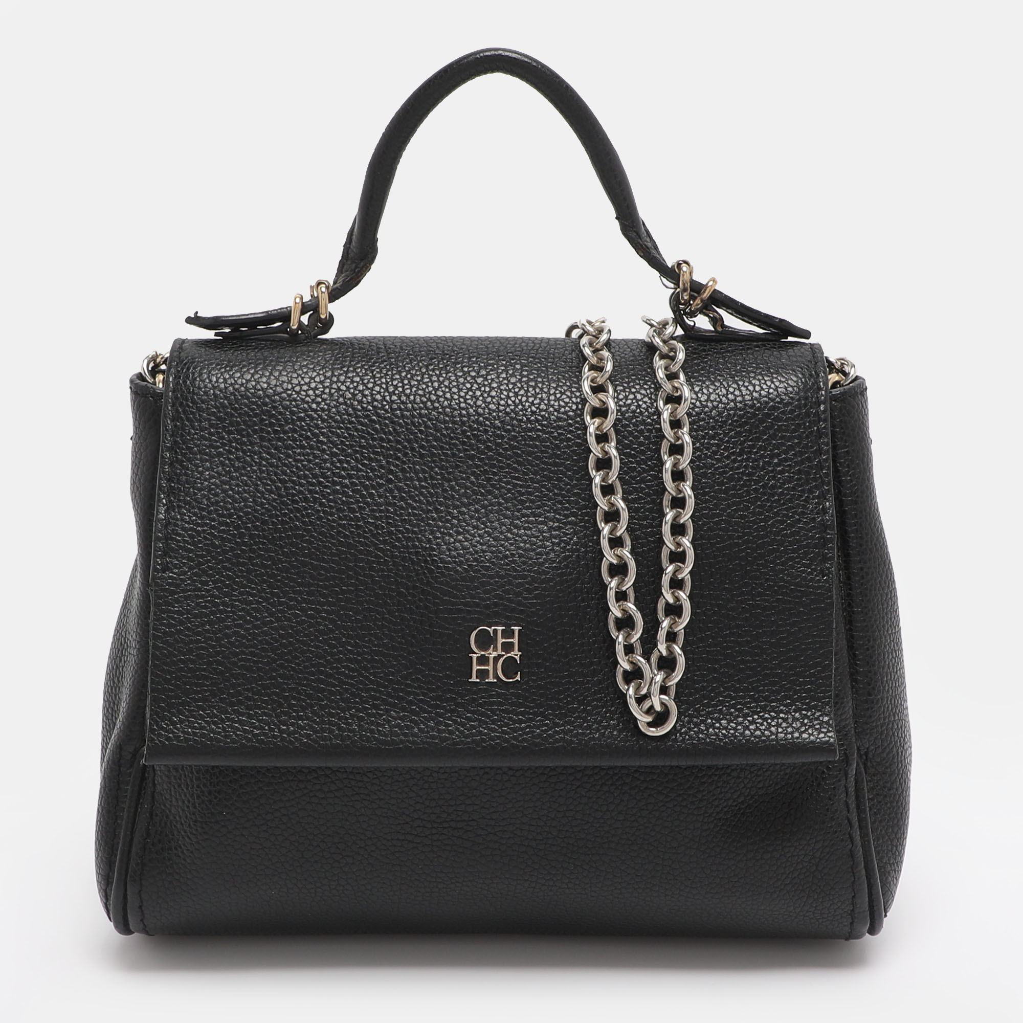 

CH Carolina Herrera Minuetto Small Black Leather Top Handle Bag
