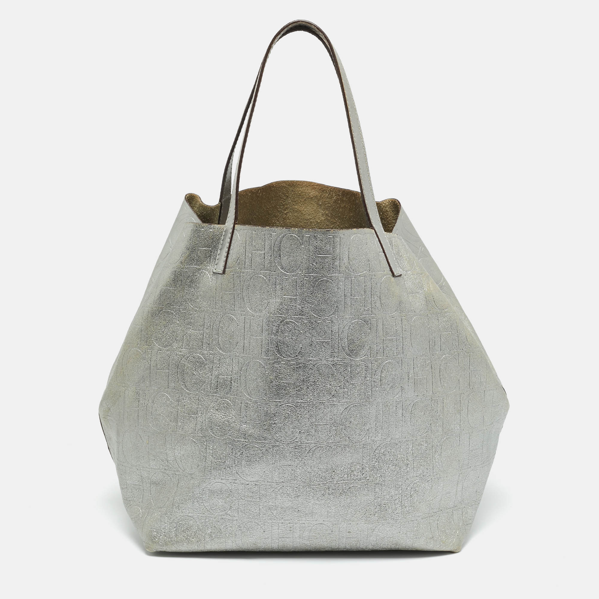 Click to view more detailed imagery on our partner's website Pre-owned Ch Carolina Herrera Carolina Herrera Matryoshka Metallic Grey Monogram Leather Tote In Gray