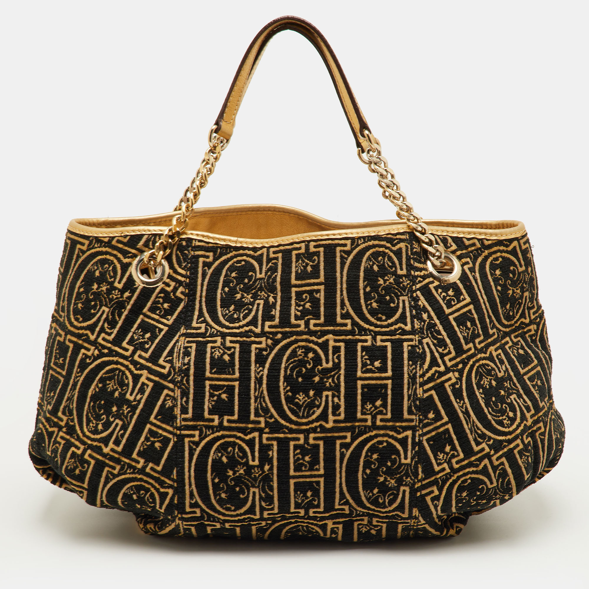 

CH Carolina Herrera Black/Gold Monogram Fabric and Leather Chain Handle Tote
