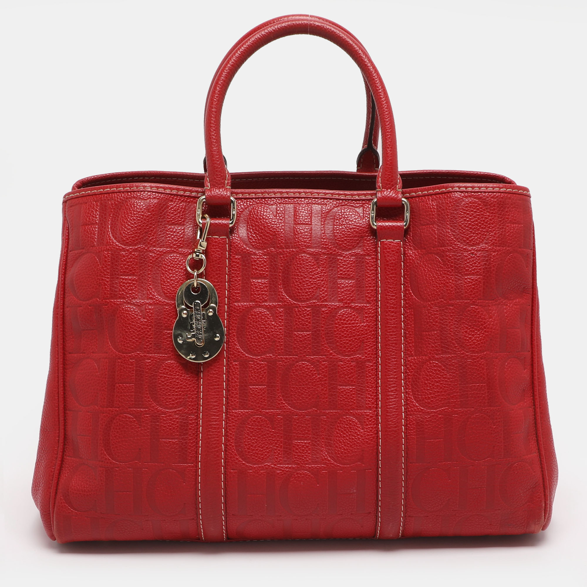 Pre-owned Ch Carolina Herrera Matteo Red Monogram Embossed Leather Tote