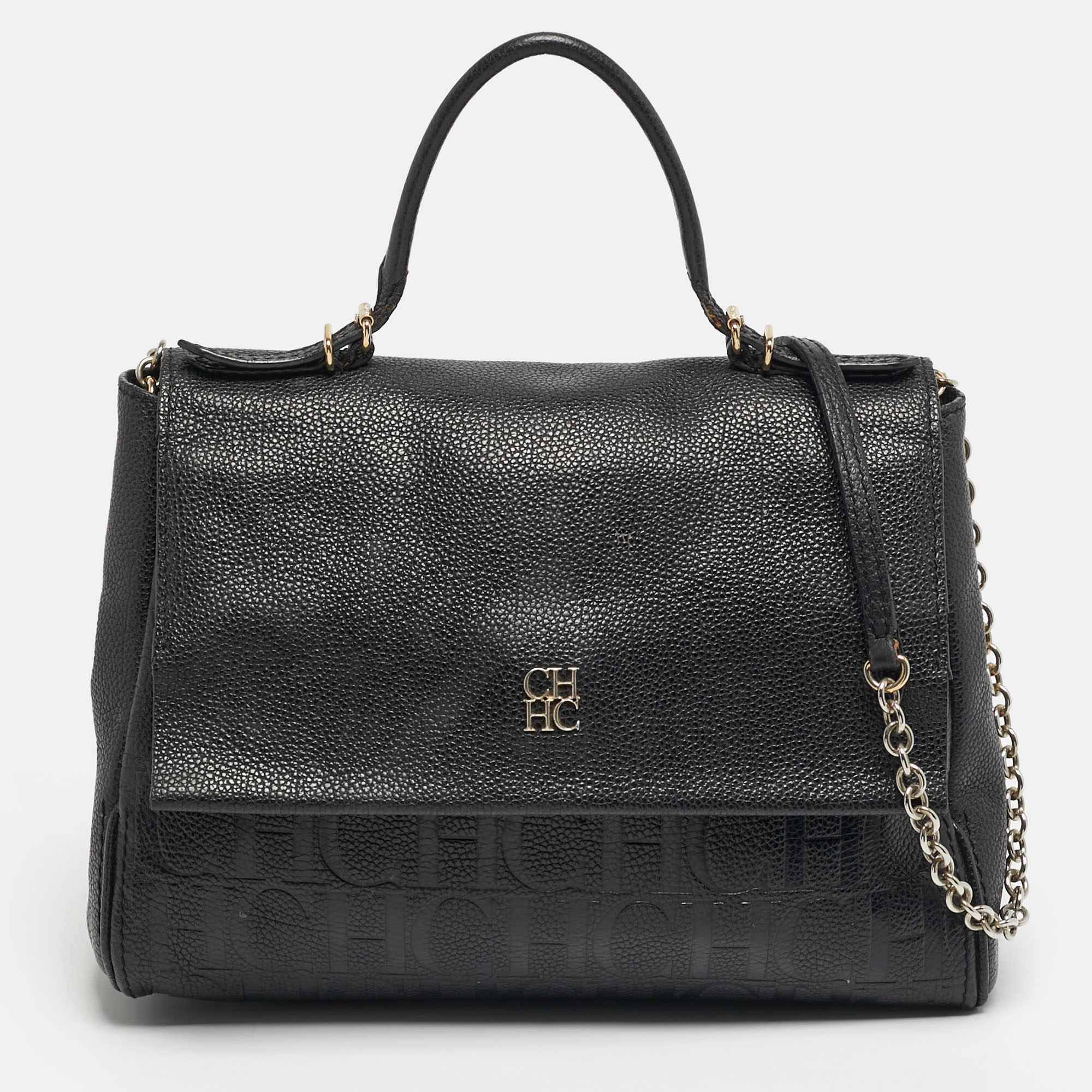 

CH Carolina Herrera Minuetto Flap Black Monogram Embossed Leather Top Handle Bag