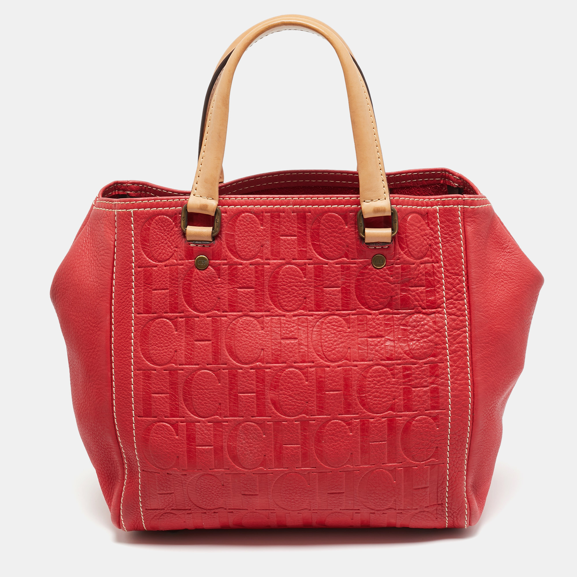 Pre-owned Ch Carolina Herrera Andy Red Monogram Leather Tote