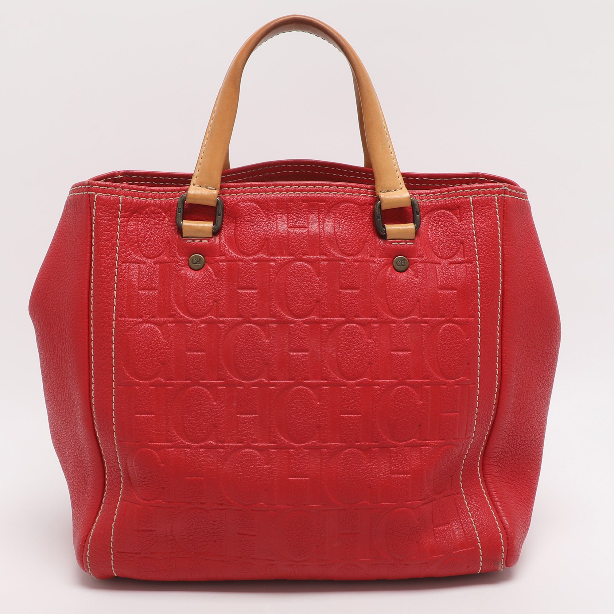 

CH Carolina Herrera Red/Beige Monogram Embossed Leather Tote