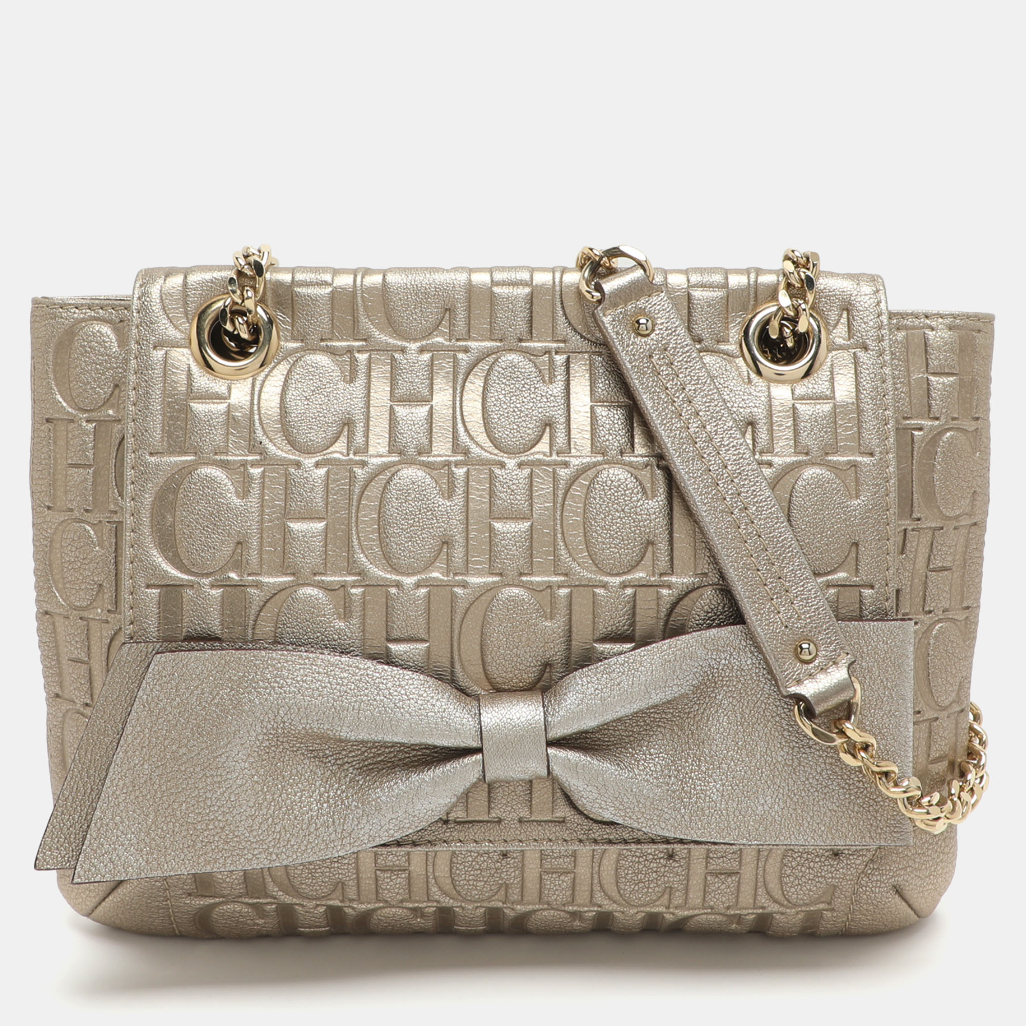 Pre-owned Ch Carolina Herrera Audrey Gold Monogram Embossed Leather Shoulder Bag