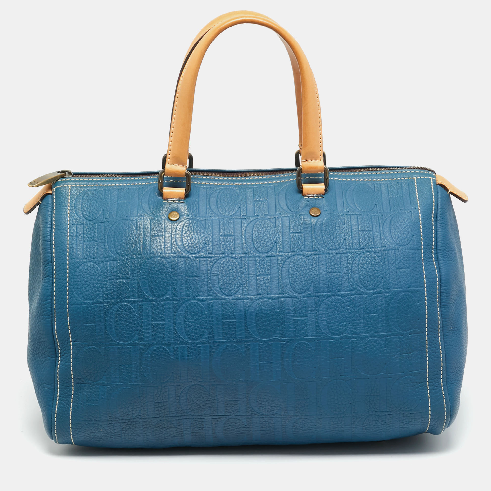Pre-owned Ch Carolina Herrera Andy Large Blue Monogram Embossed Leather Boston Bag